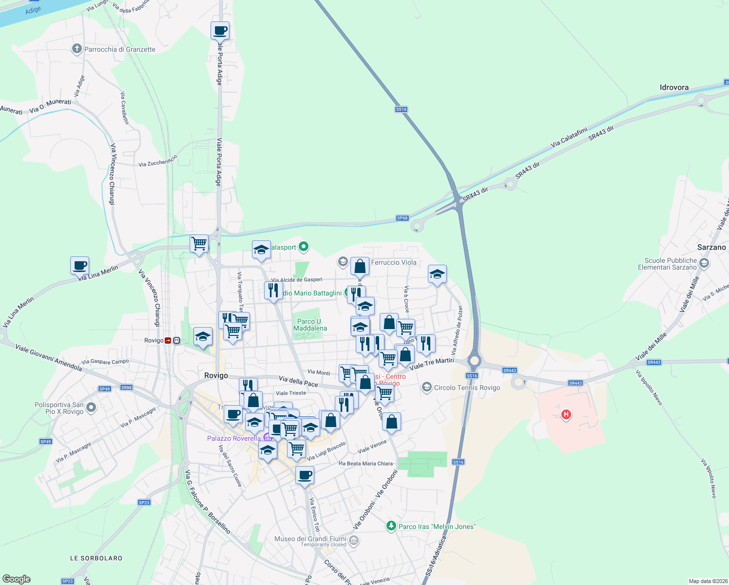 map of restaurants, bars, coffee shops, grocery stores, and more near 6 Via della Costituzione in Rovigo
