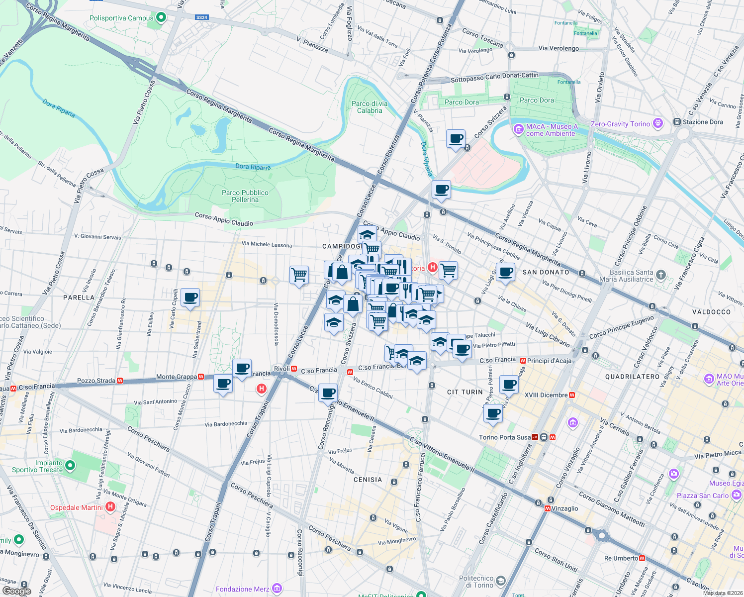 map of restaurants, bars, coffee shops, grocery stores, and more near 6 Via Buronzo in Turin