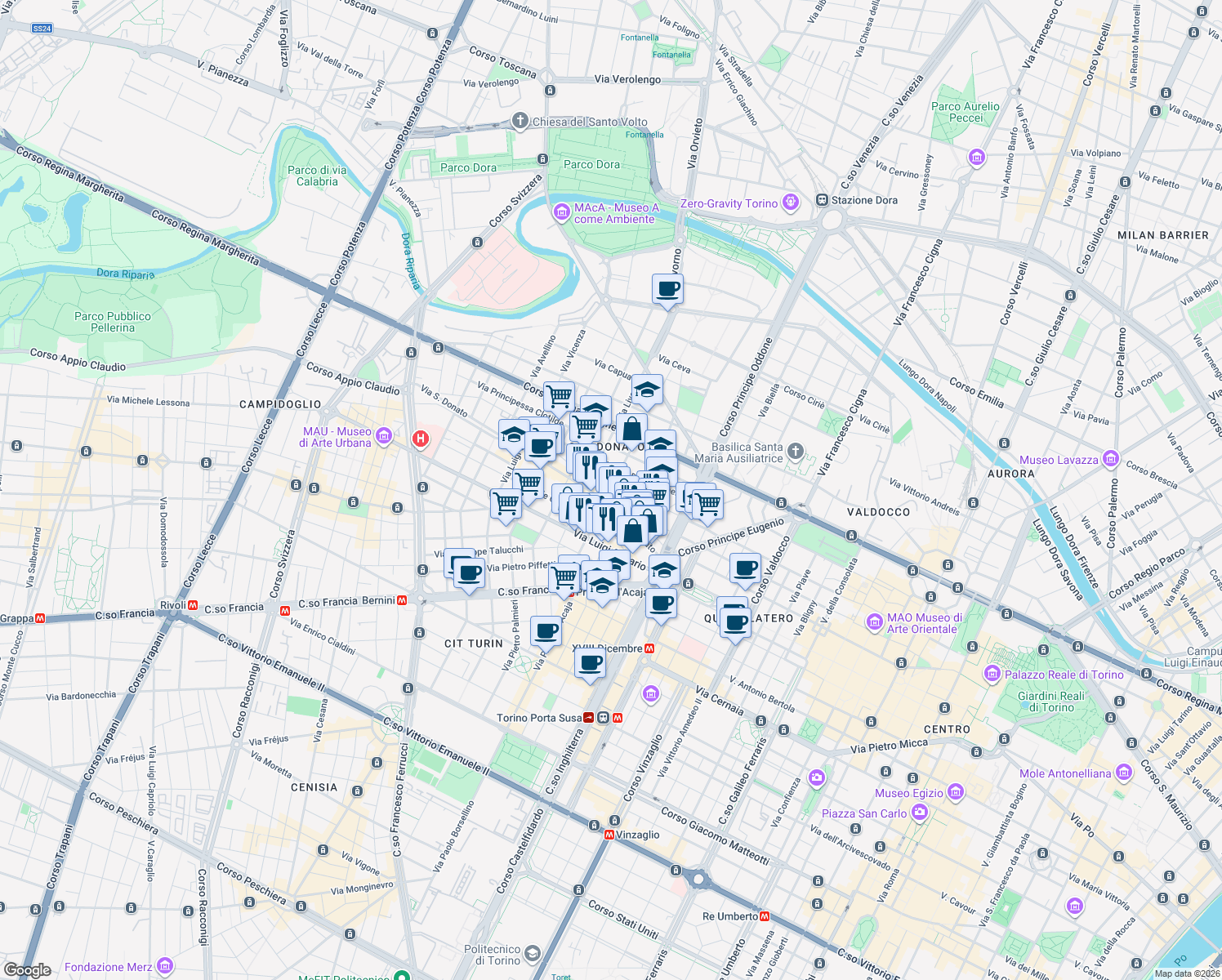 map of restaurants, bars, coffee shops, grocery stores, and more near 22 Via San Donato in Turin