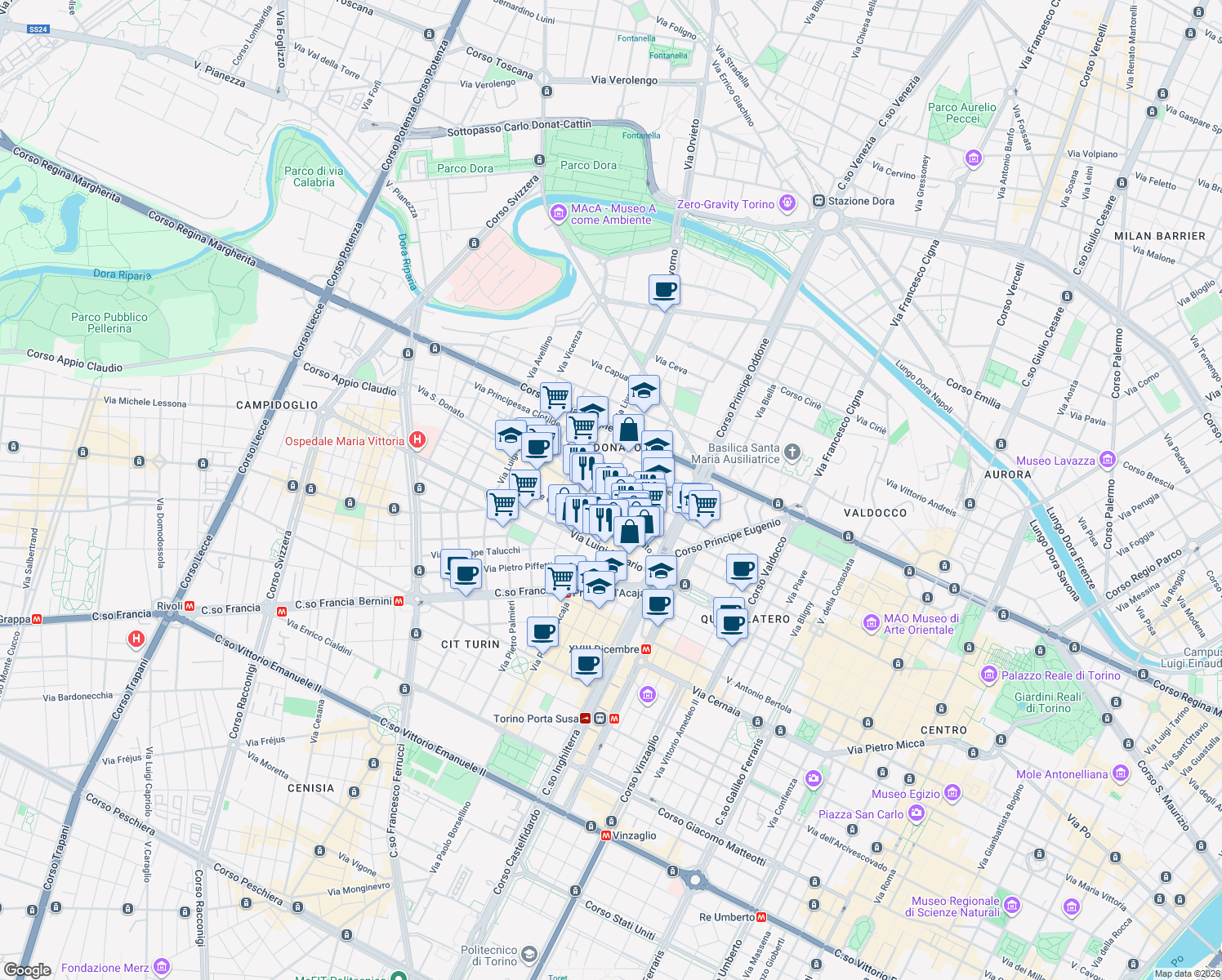 map of restaurants, bars, coffee shops, grocery stores, and more near 22 Via San Donato in Turin