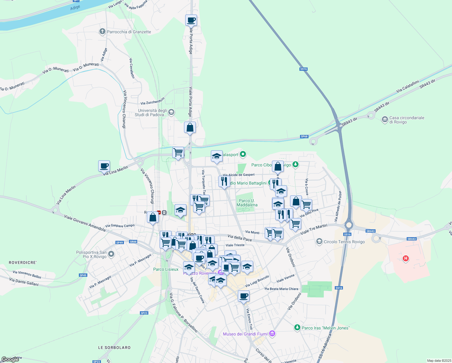 map of restaurants, bars, coffee shops, grocery stores, and more near 12 Via Alfieri in Rovigo