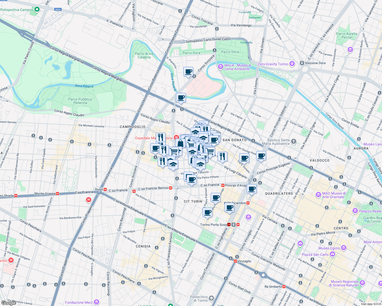 map of restaurants, bars, coffee shops, grocery stores, and more near 8 Via Goffredo Casalis in Turin