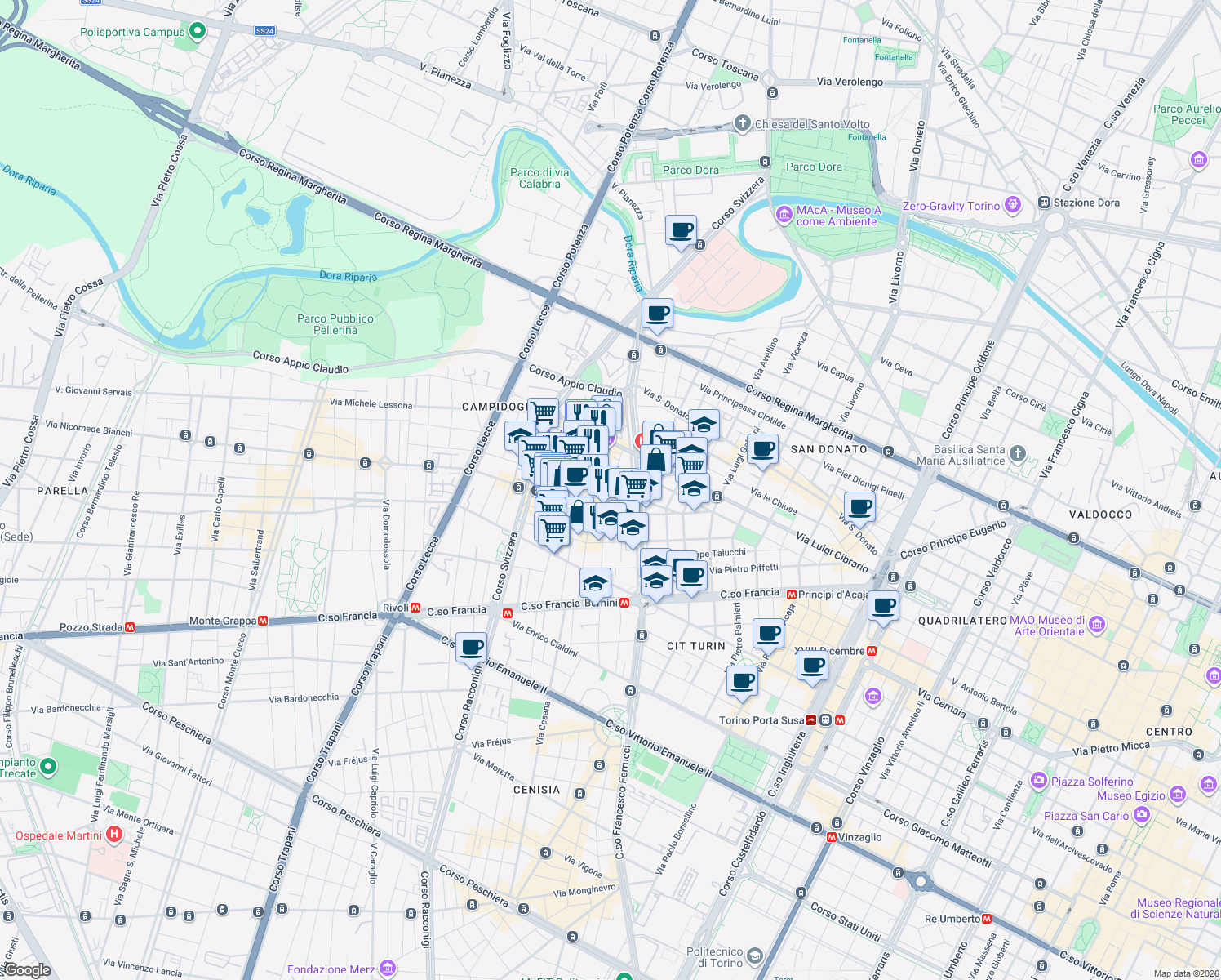 map of restaurants, bars, coffee shops, grocery stores, and more near 10 Via Nicola Fabrizi in Turin
