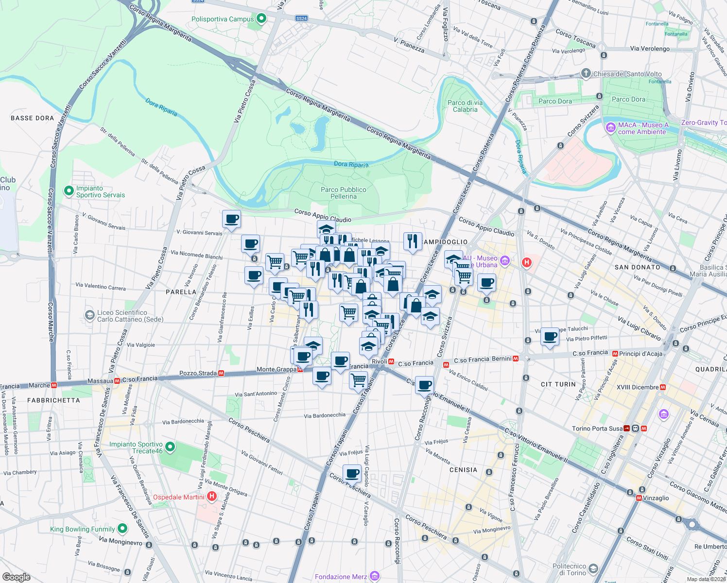 map of restaurants, bars, coffee shops, grocery stores, and more near 5 Piazza Giampietro Chironi in Turin