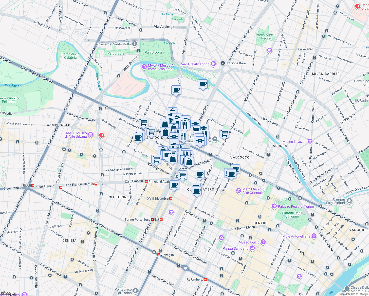 map of restaurants, bars, coffee shops, grocery stores, and more near 2 Corso Umbria in Turin