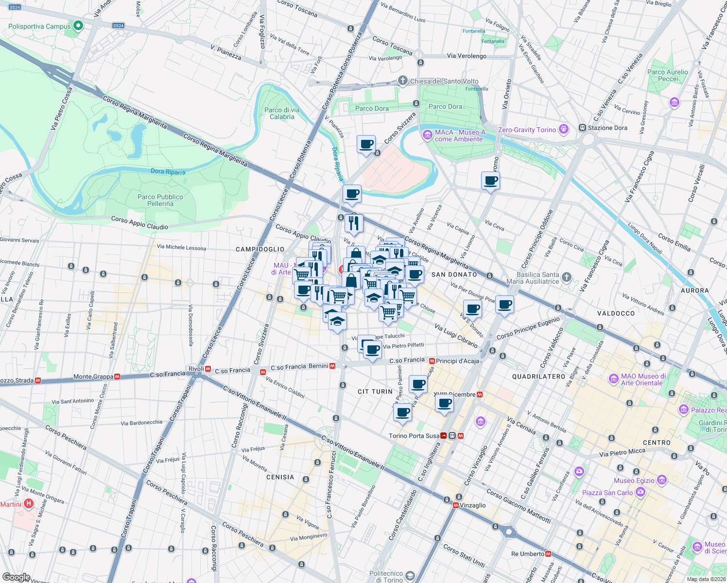 map of restaurants, bars, coffee shops, grocery stores, and more near 61 Via Luigi Cibrario in Torino