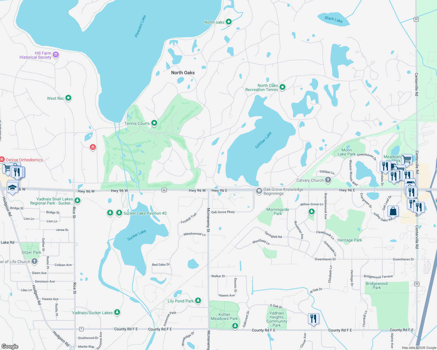 map of restaurants, bars, coffee shops, grocery stores, and more near 2 West Shore Road in North Oaks