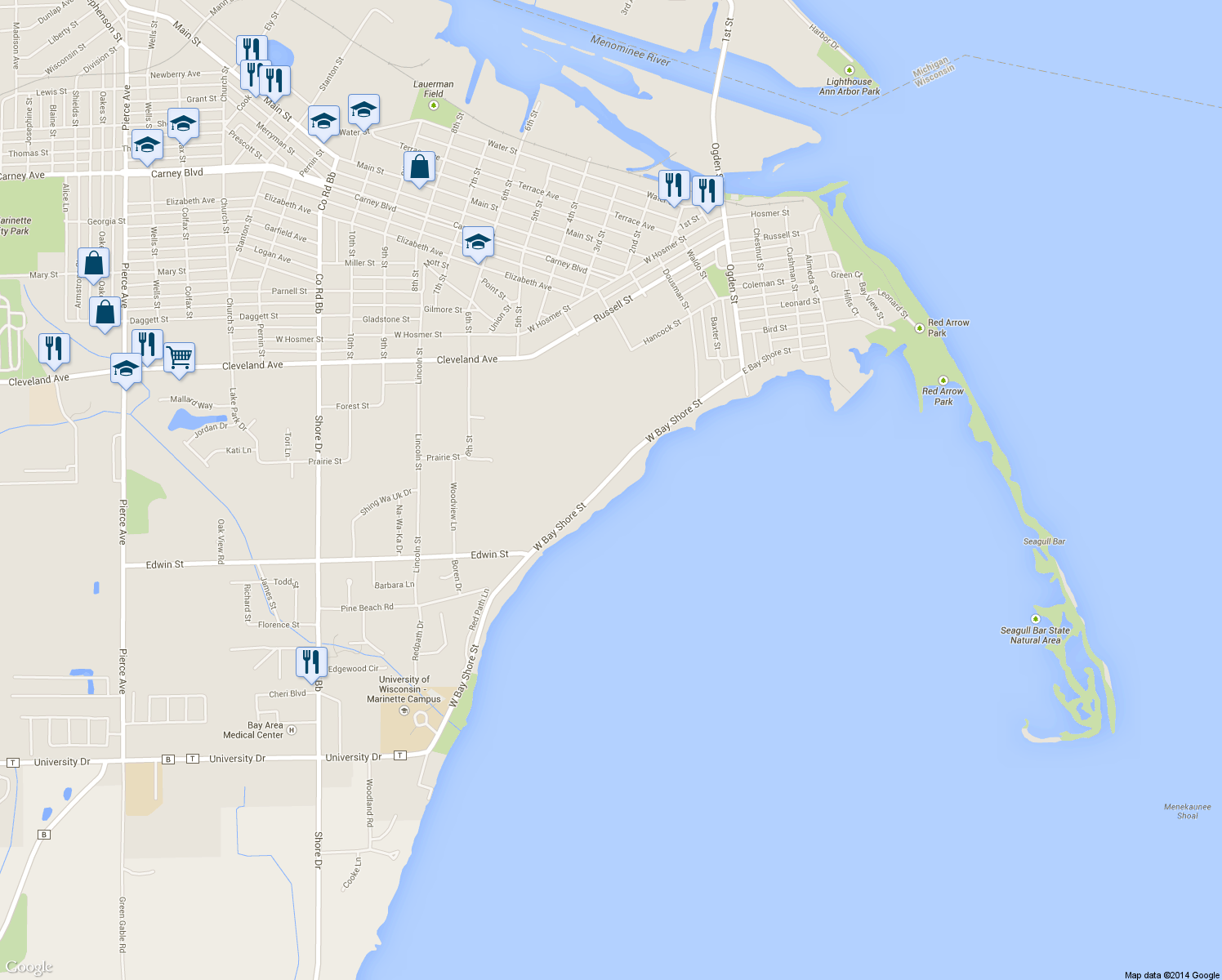 map of restaurants, bars, coffee shops, grocery stores, and more near 295 West Bay Shore Street in Marinette