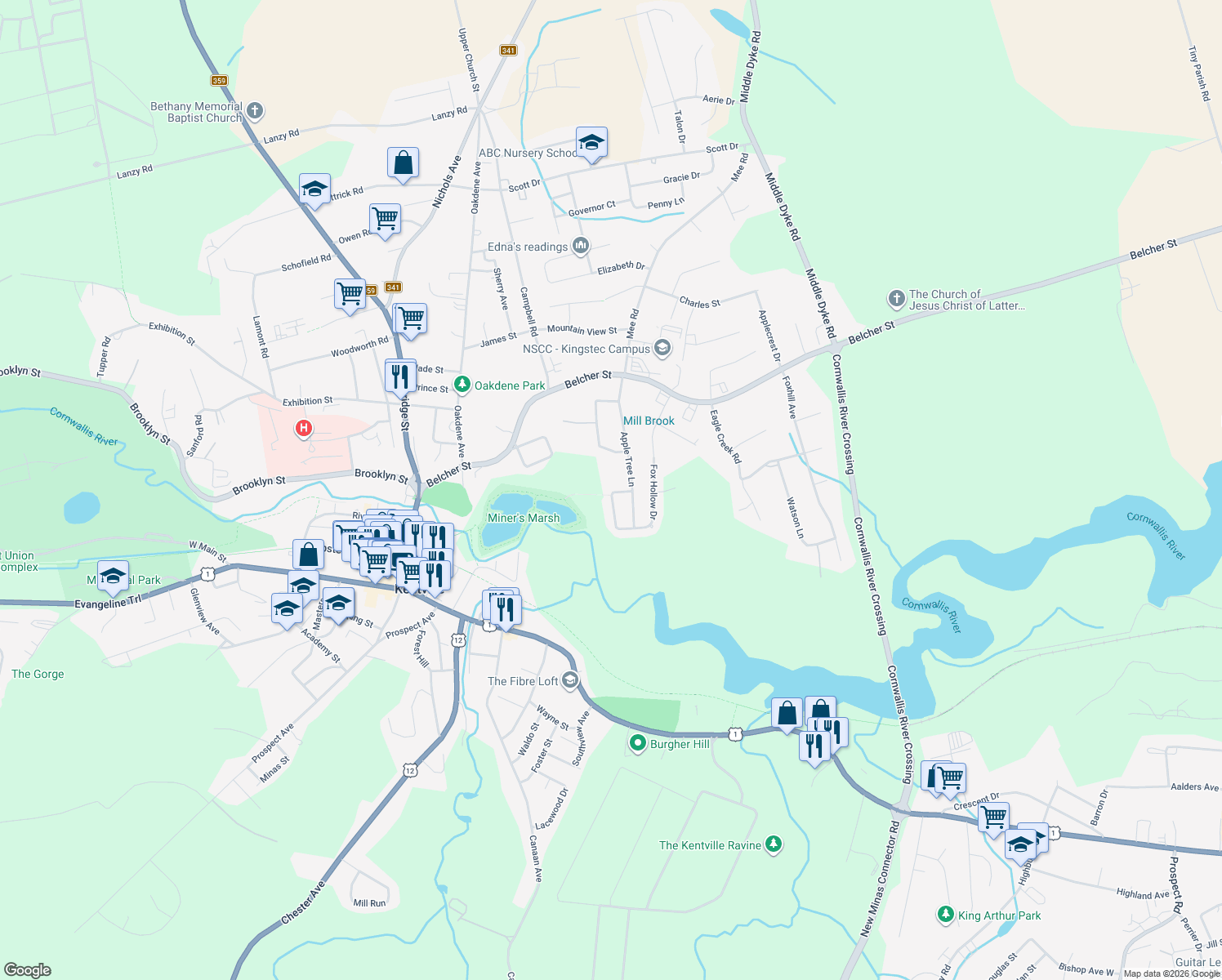 map of restaurants, bars, coffee shops, grocery stores, and more near 13 Cortland Crescent in Kentville