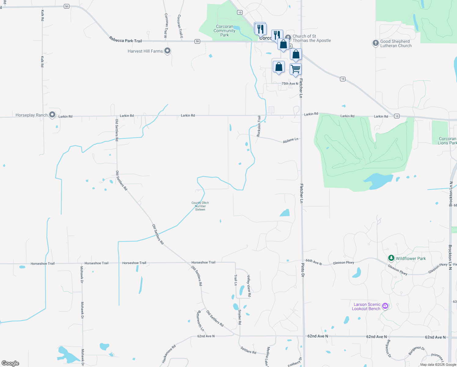 map of restaurants, bars, coffee shops, grocery stores, and more near Blue Bonnet Dr in Corcoran
