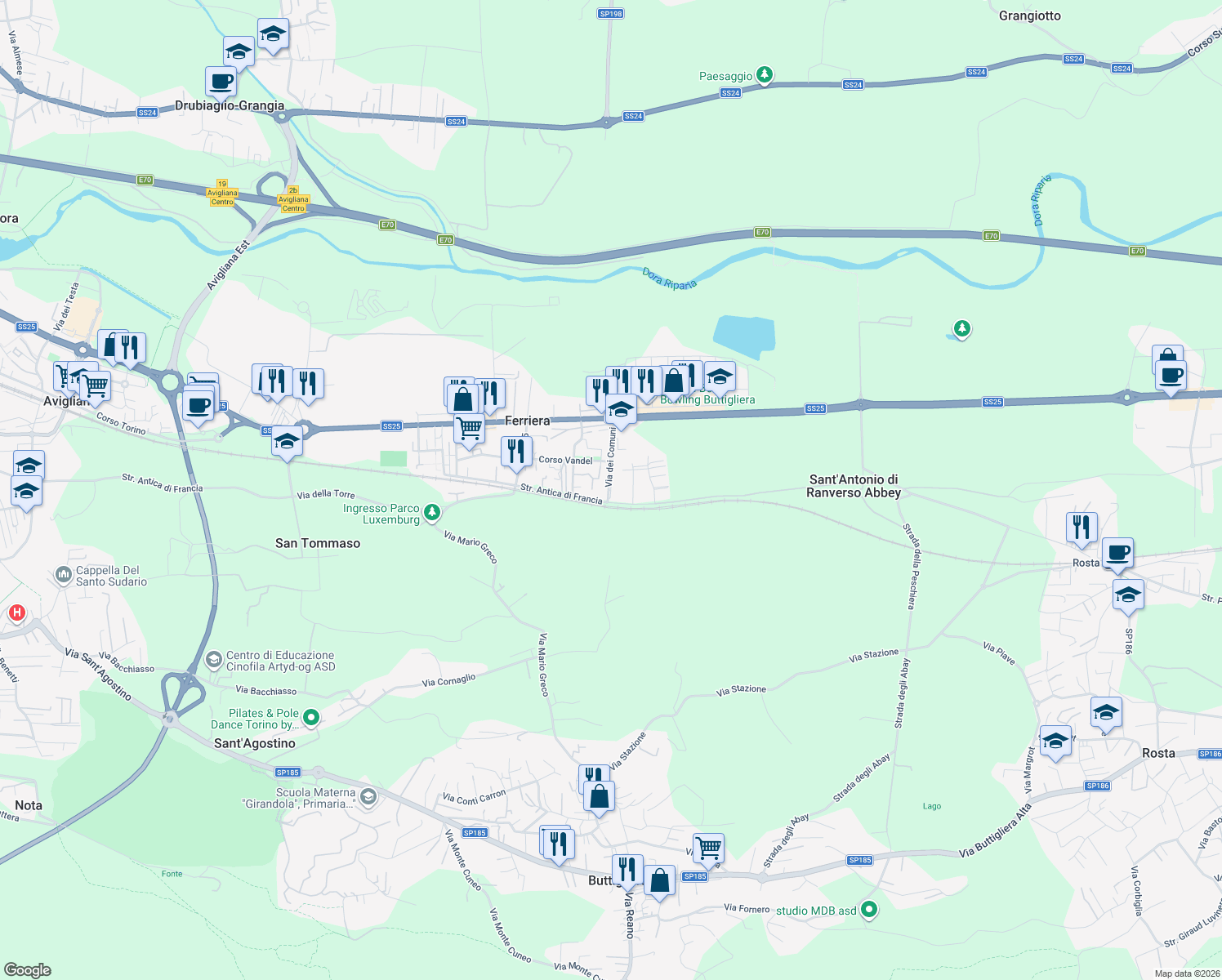 map of restaurants, bars, coffee shops, grocery stores, and more near 11 Via dei Comuni in Ferriera