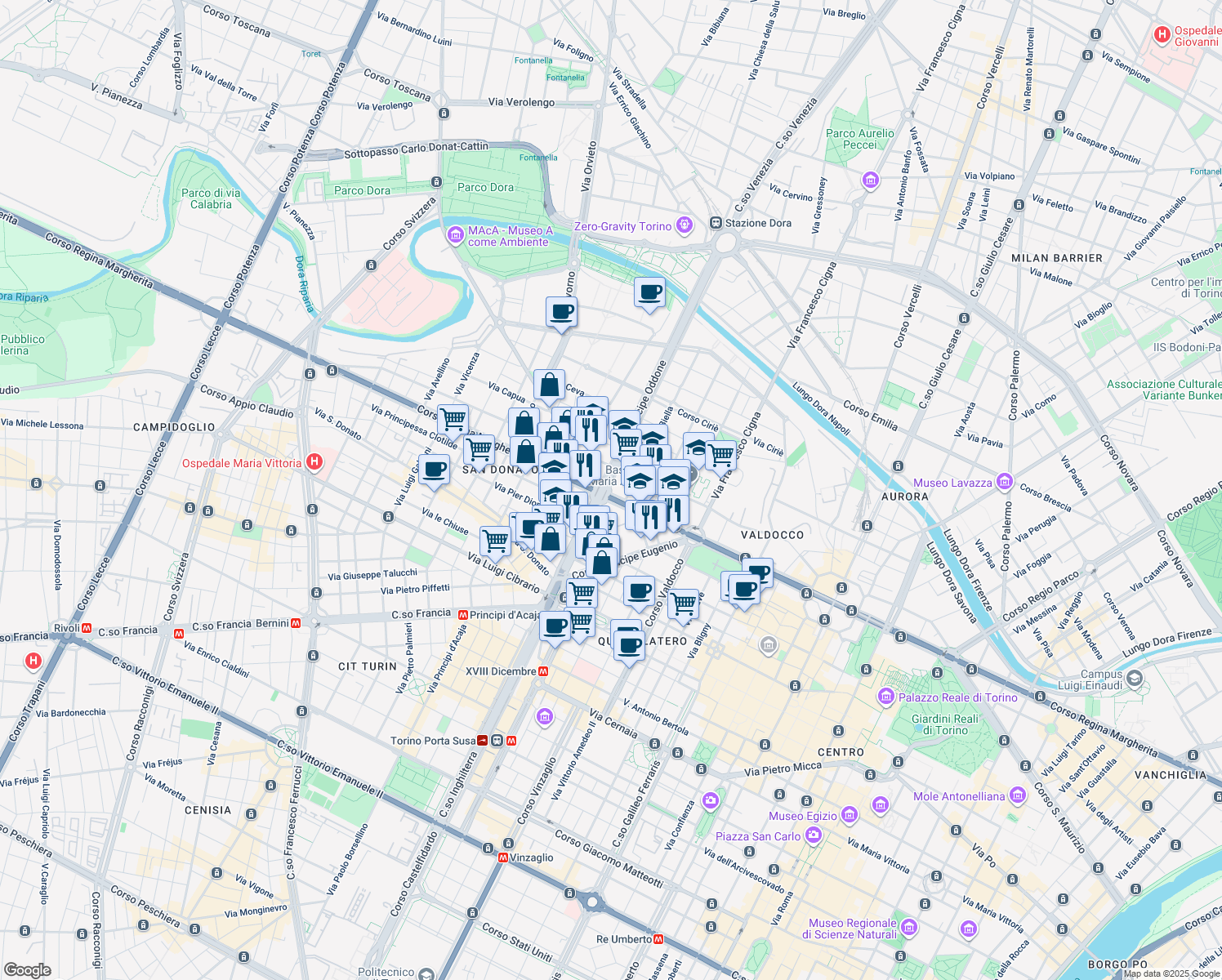 map of restaurants, bars, coffee shops, grocery stores, and more near 10 Via Masserano in Turin