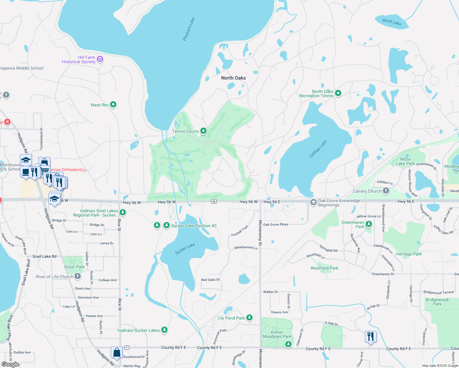map of restaurants, bars, coffee shops, grocery stores, and more near 3 Swallow Lane in North Oaks
