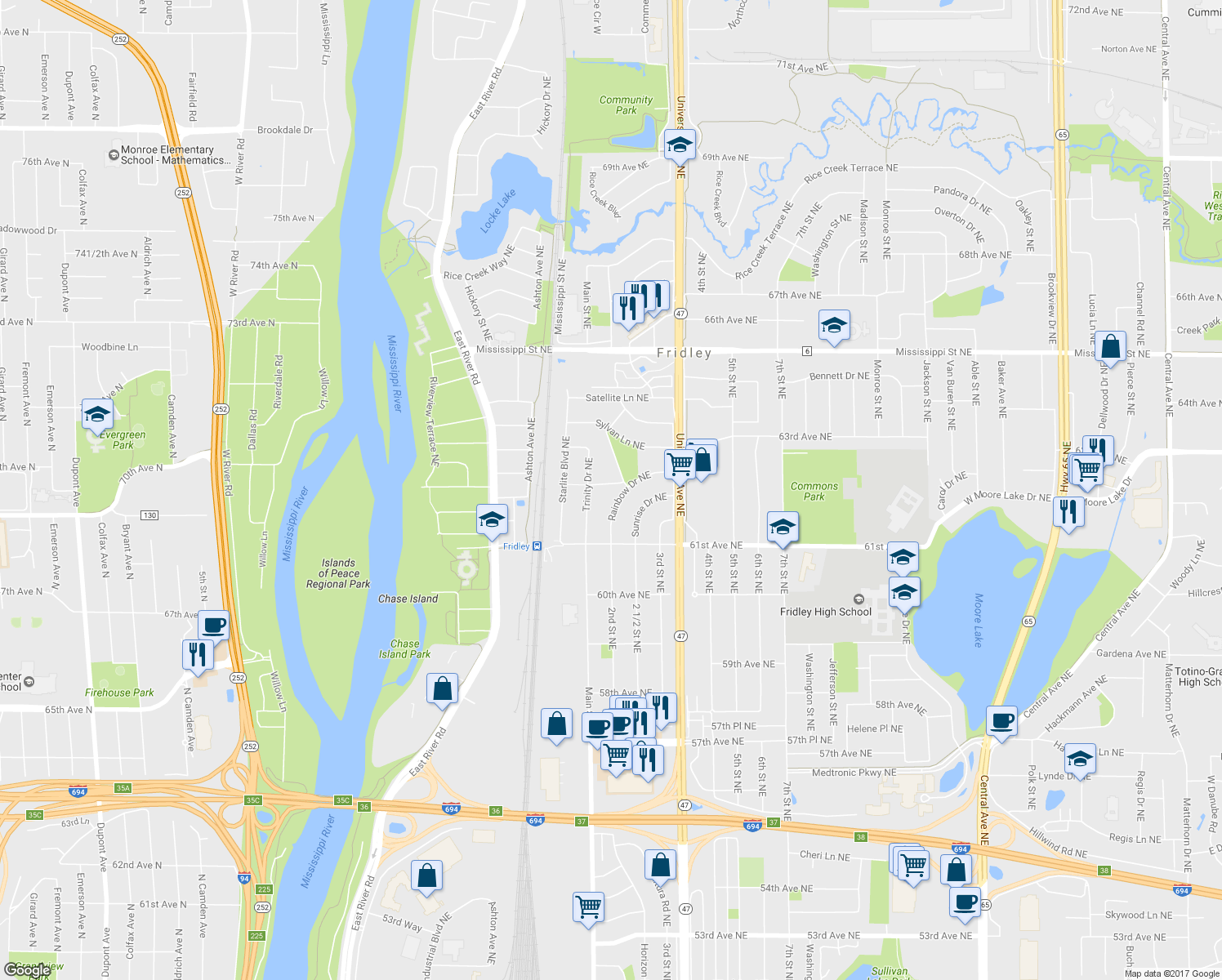 map of restaurants, bars, coffee shops, grocery stores, and more near 6281 Comet Lane Northeast in Fridley
