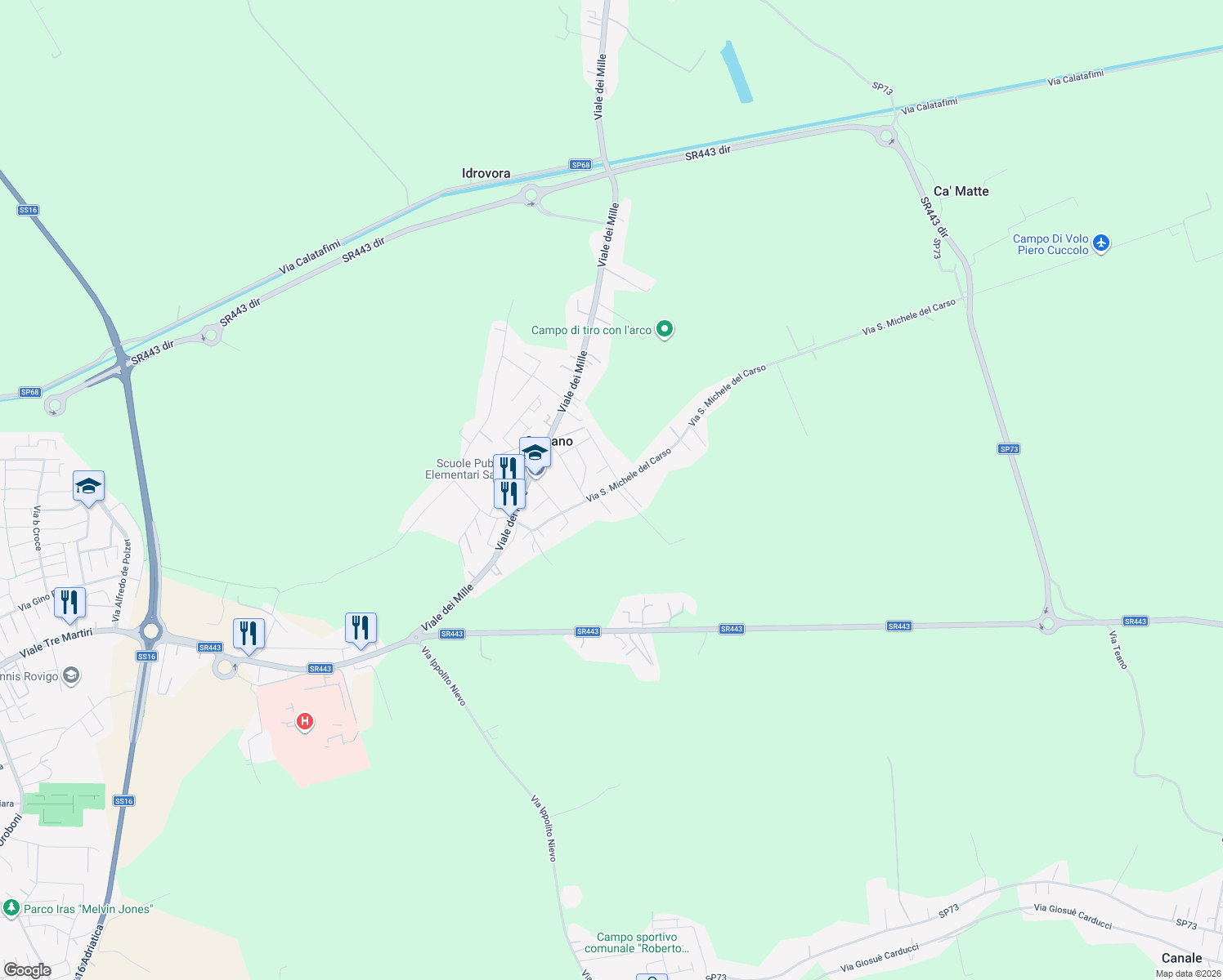 map of restaurants, bars, coffee shops, grocery stores, and more near 24 Via San Michele del Carso in Rovigo