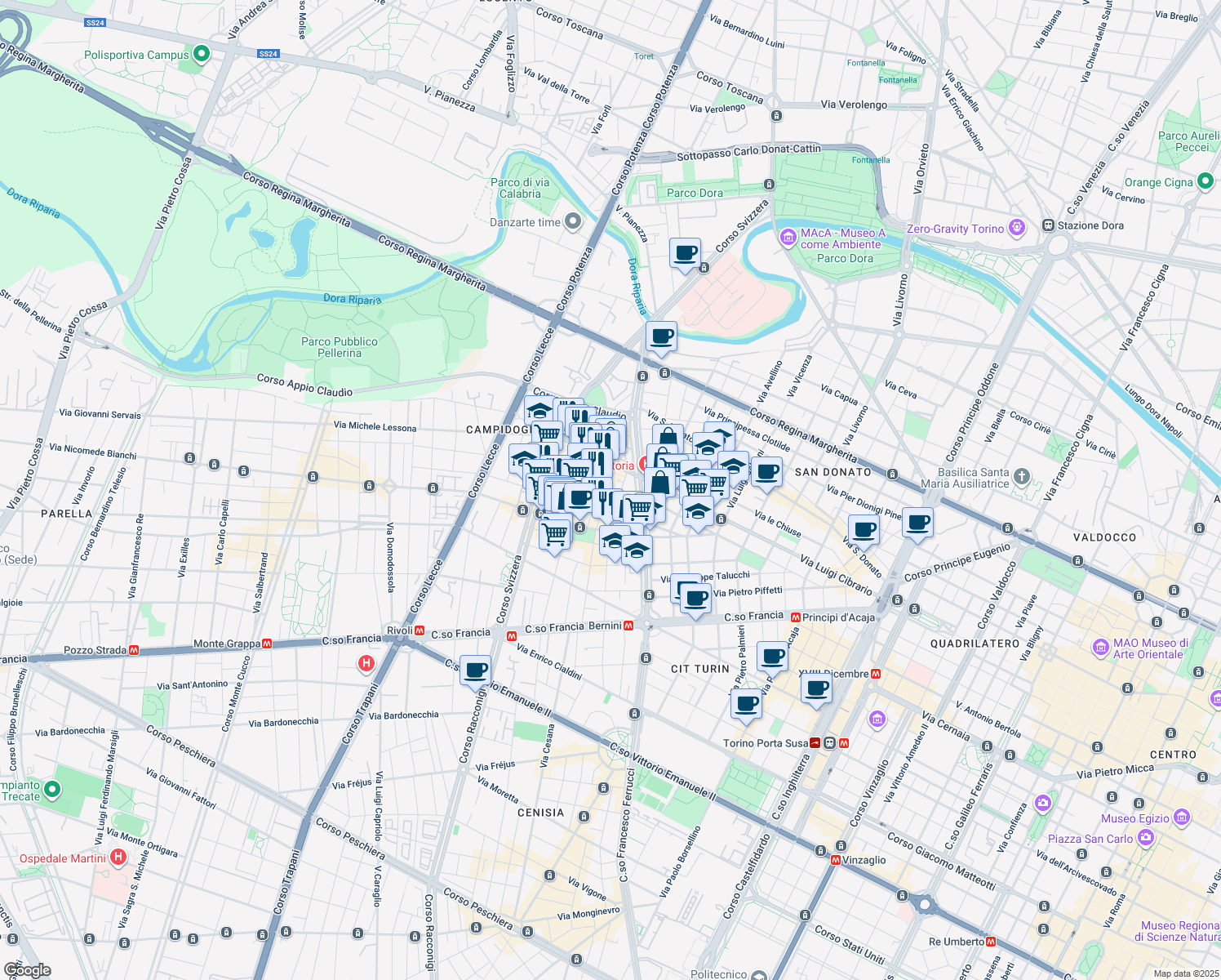 map of restaurants, bars, coffee shops, grocery stores, and more near 13 Via San Rocchetto in Torino