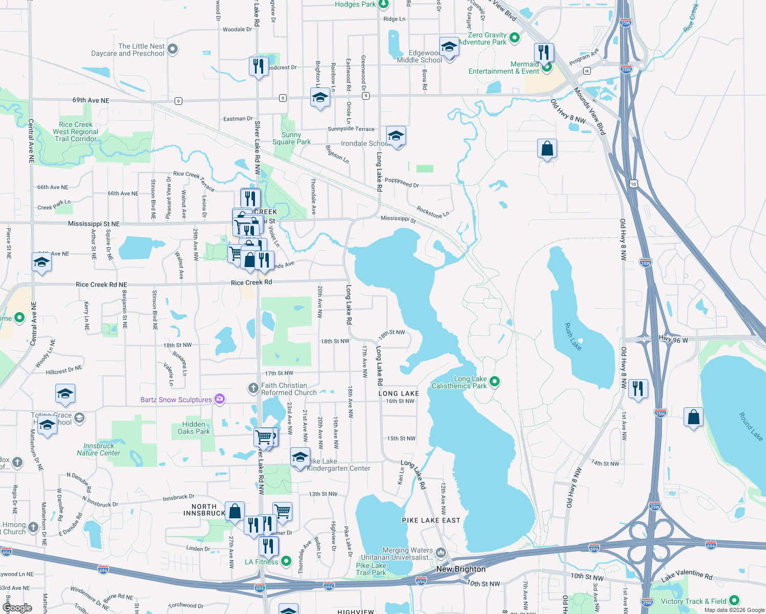 map of restaurants, bars, coffee shops, grocery stores, and more near 1910 15th Avenue Northwest in New Brighton