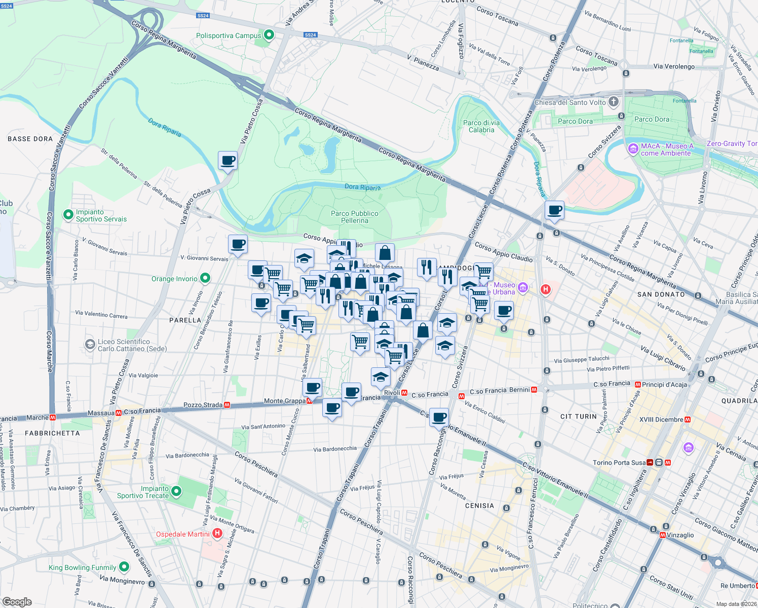 map of restaurants, bars, coffee shops, grocery stores, and more near 89 Largo Nicola Fabrizi in Torino