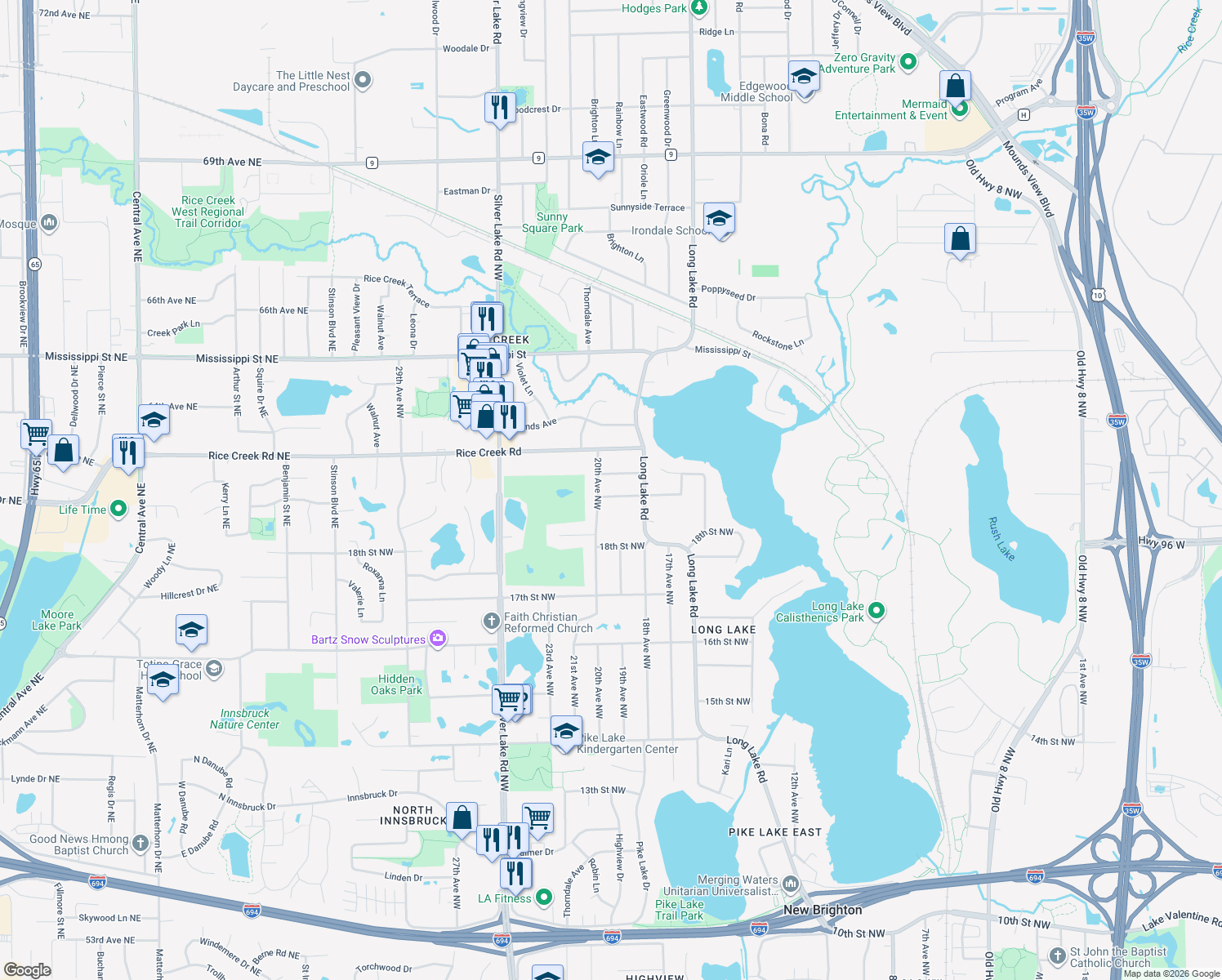 map of restaurants, bars, coffee shops, grocery stores, and more near 1926 19th Street Northwest in New Brighton
