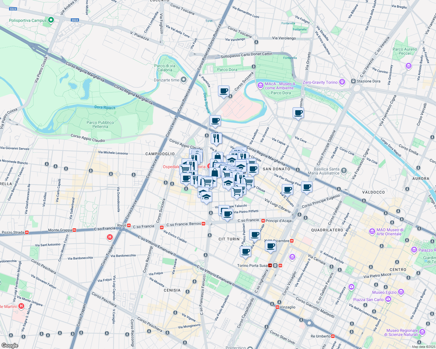 map of restaurants, bars, coffee shops, grocery stores, and more near 66 Via Luigi Cibrario in Torino