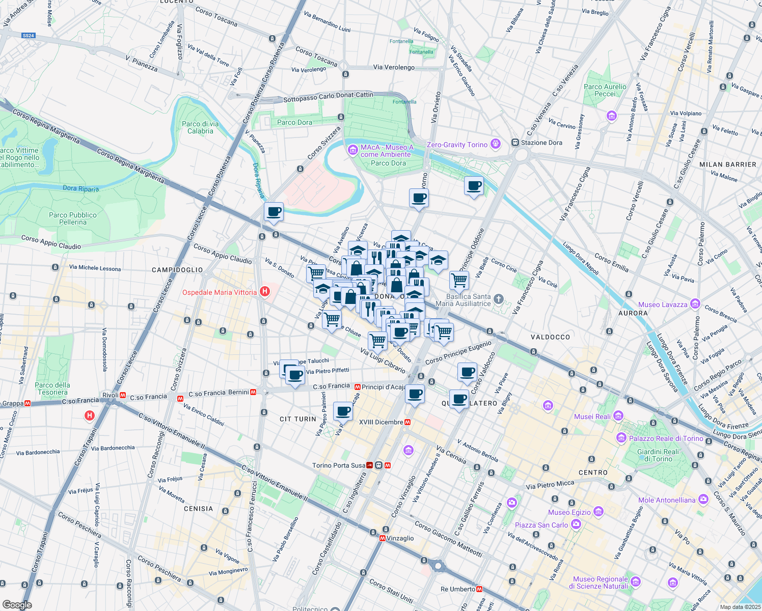 map of restaurants, bars, coffee shops, grocery stores, and more near 38 Via Pier Dionigi Pinelli in Torino