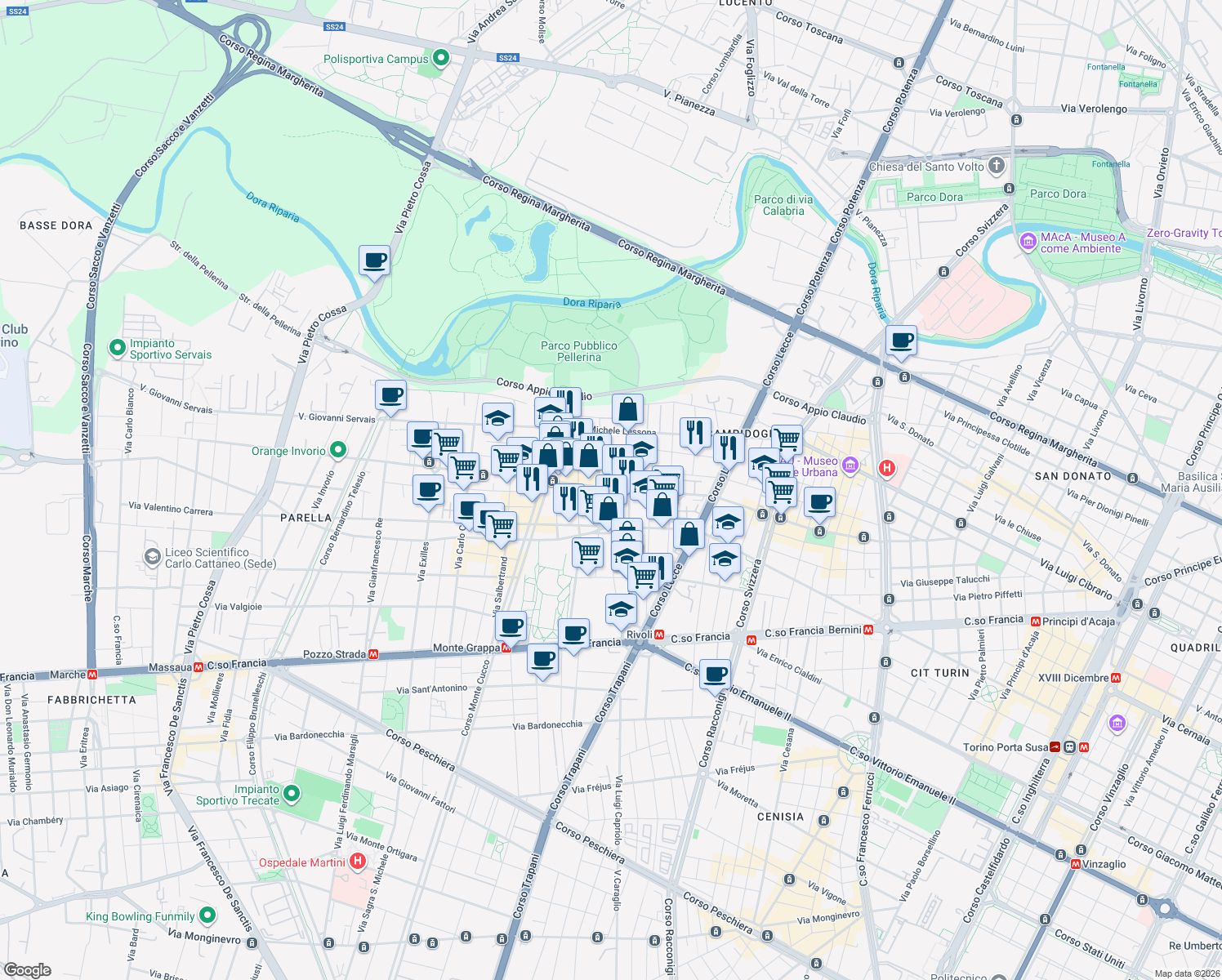 map of restaurants, bars, coffee shops, grocery stores, and more near 89 Largo Nicola Fabrizi in Torino