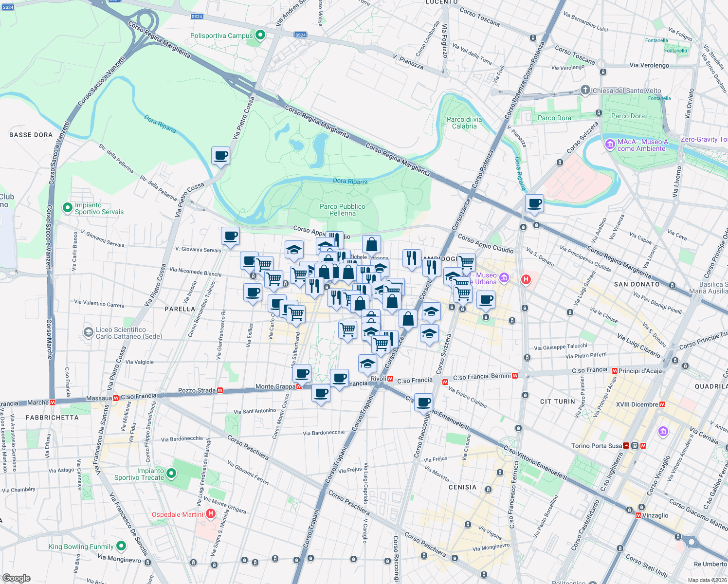 map of restaurants, bars, coffee shops, grocery stores, and more near 89 Largo Nicola Fabrizi in Torino