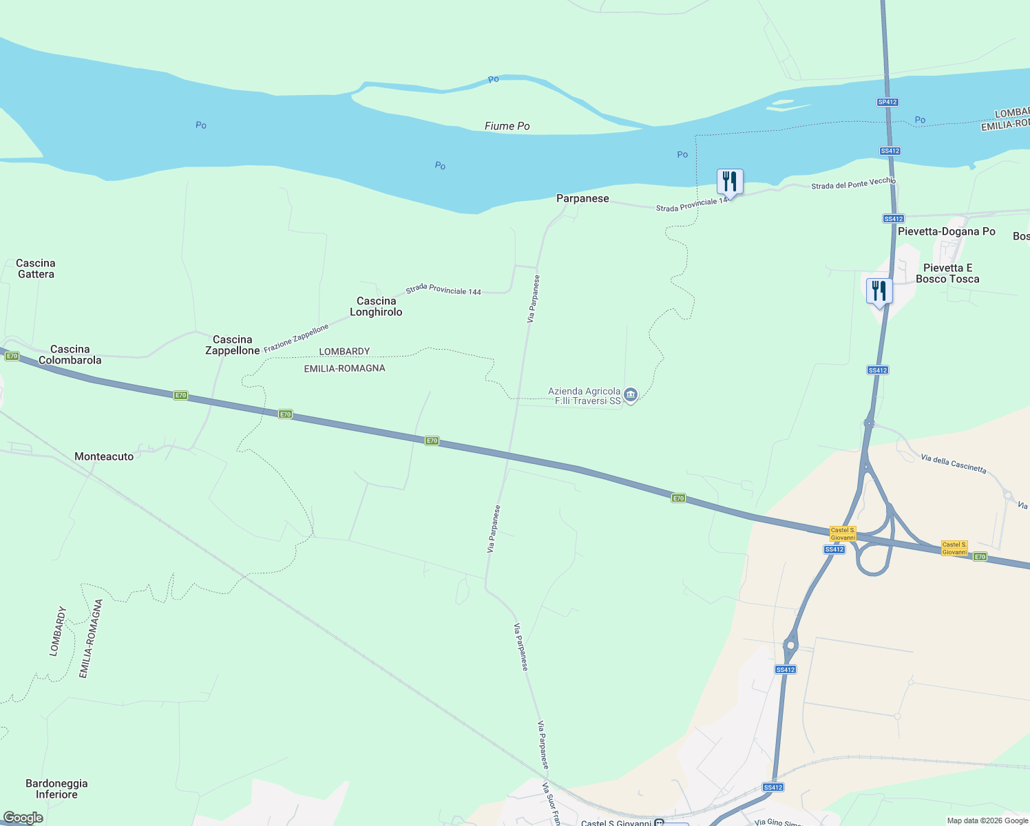 map of restaurants, bars, coffee shops, grocery stores, and more near 5 Strada Parpanese in Provincia di Piacenza