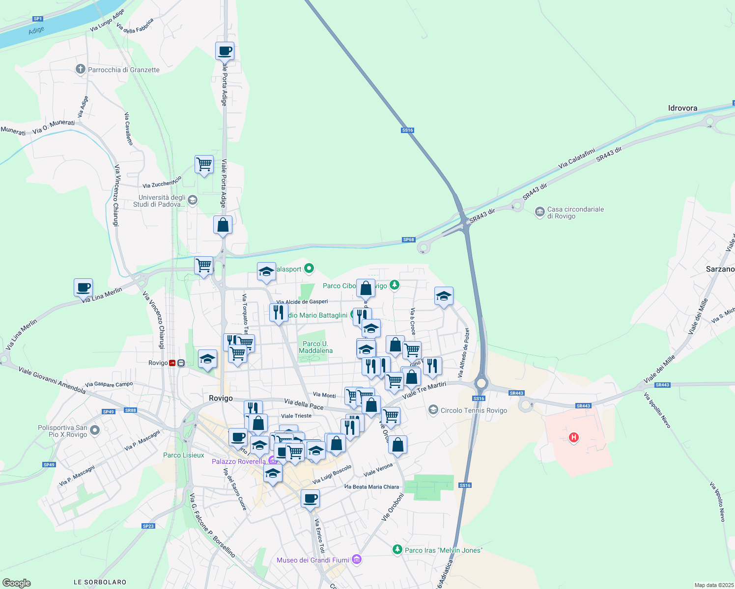 map of restaurants, bars, coffee shops, grocery stores, and more near 18A Via della Costituzione in Rovigo