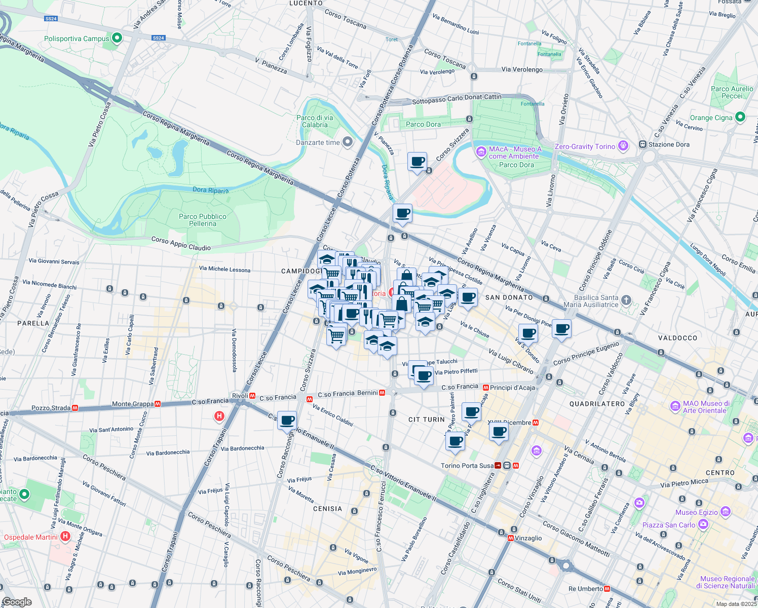 map of restaurants, bars, coffee shops, grocery stores, and more near 13 Via San Rocchetto in Turin