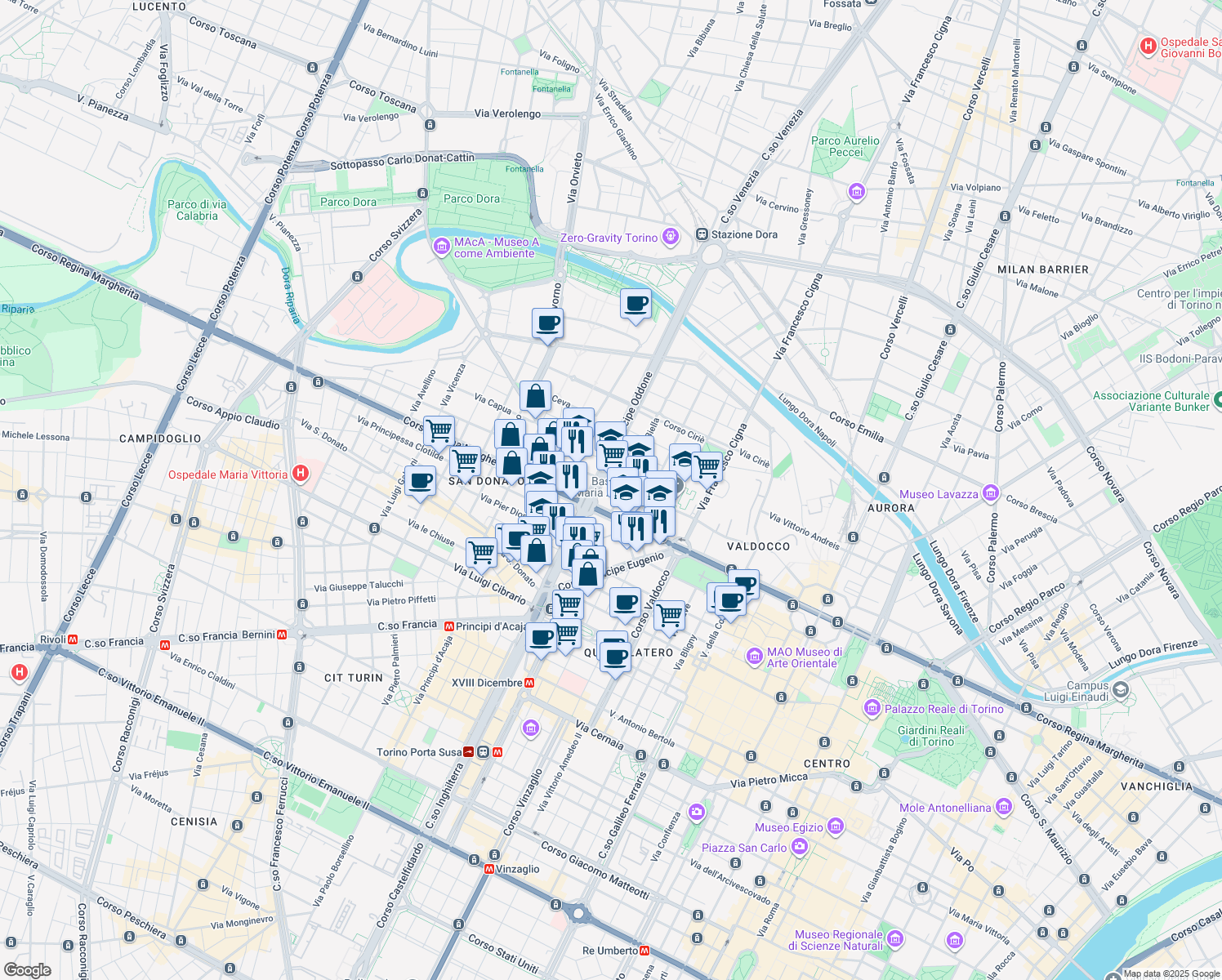 map of restaurants, bars, coffee shops, grocery stores, and more near 10 Via Masserano in Turin