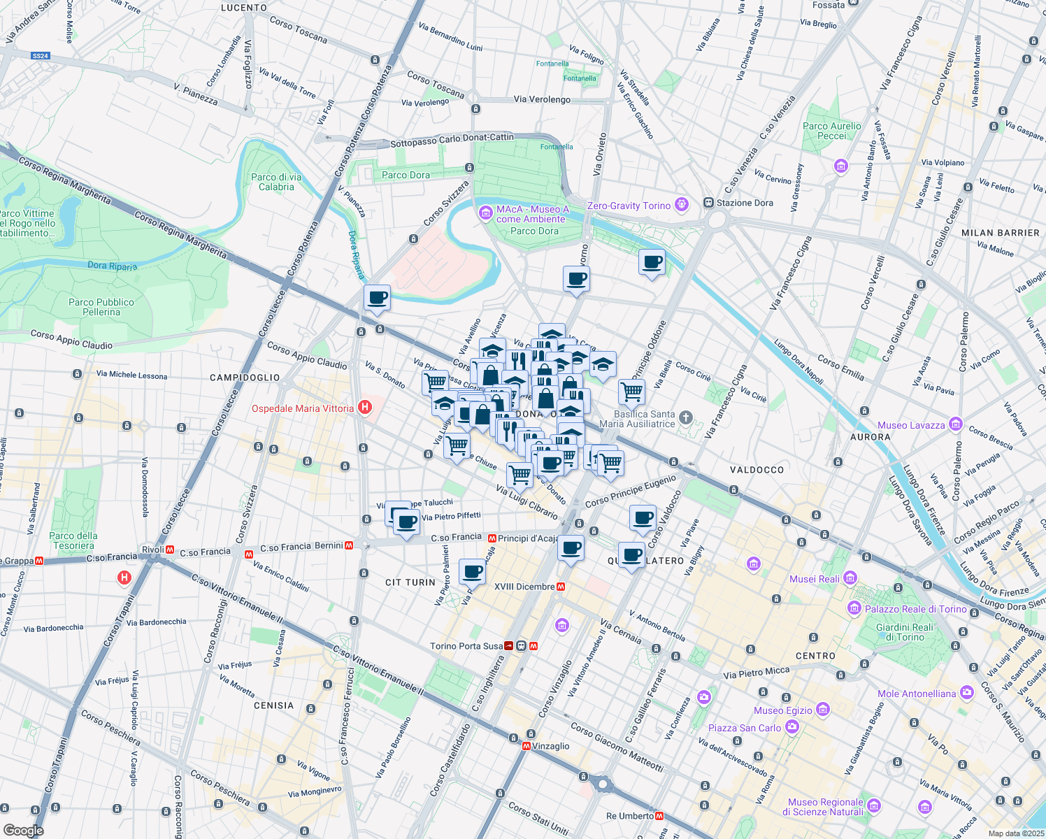 map of restaurants, bars, coffee shops, grocery stores, and more near 30-38 Via Pier Dionigi Pinelli in Turin
