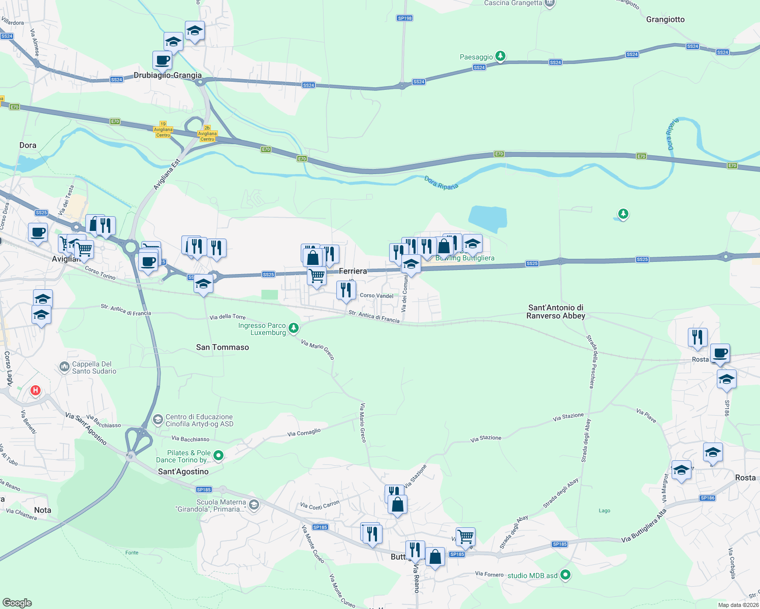 map of restaurants, bars, coffee shops, grocery stores, and more near 19C Via Cavallo Grigio in Ferriera