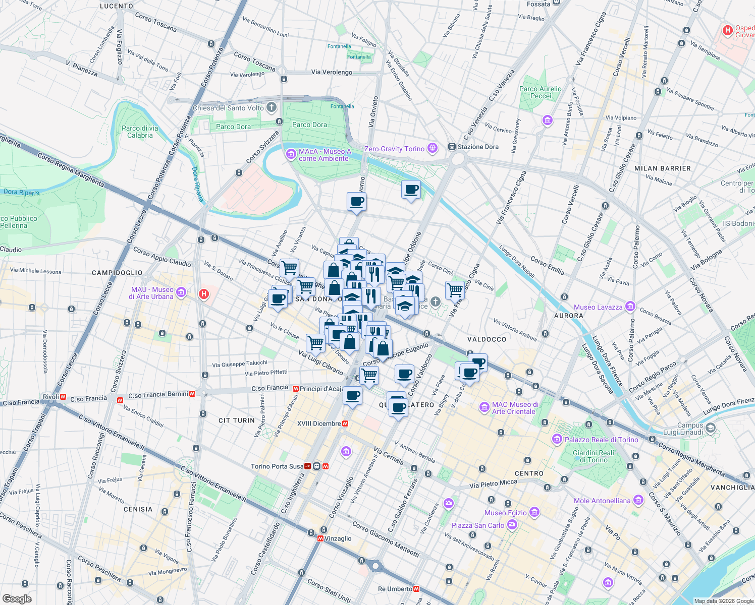 map of restaurants, bars, coffee shops, grocery stores, and more near 2 Corso Umbria in Turin
