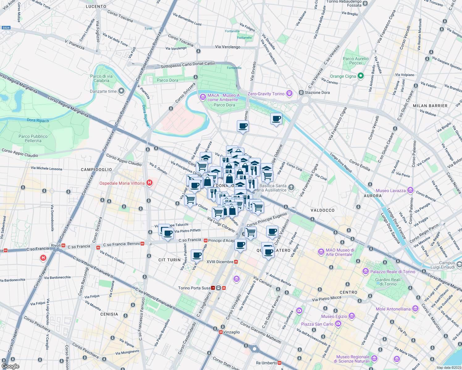 map of restaurants, bars, coffee shops, grocery stores, and more near 17 Via Principessa Clotilde in Turin