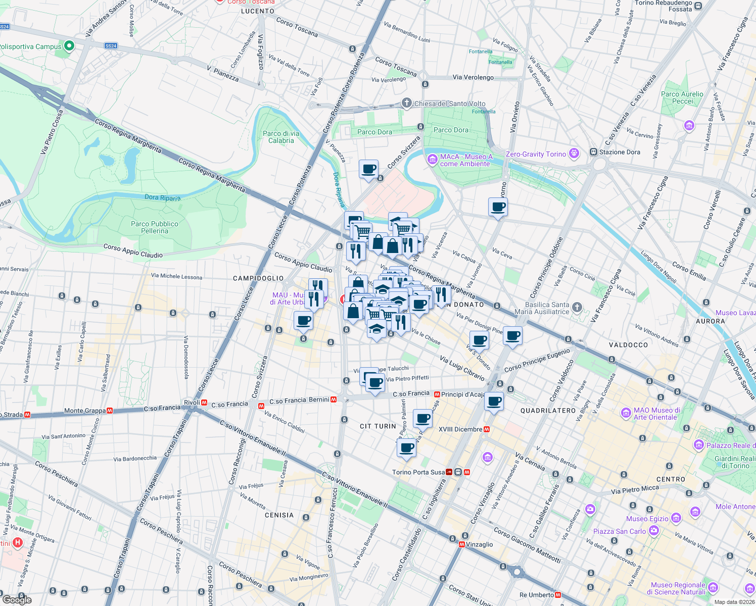 map of restaurants, bars, coffee shops, grocery stores, and more near 79-81 Via San Donato in Turin