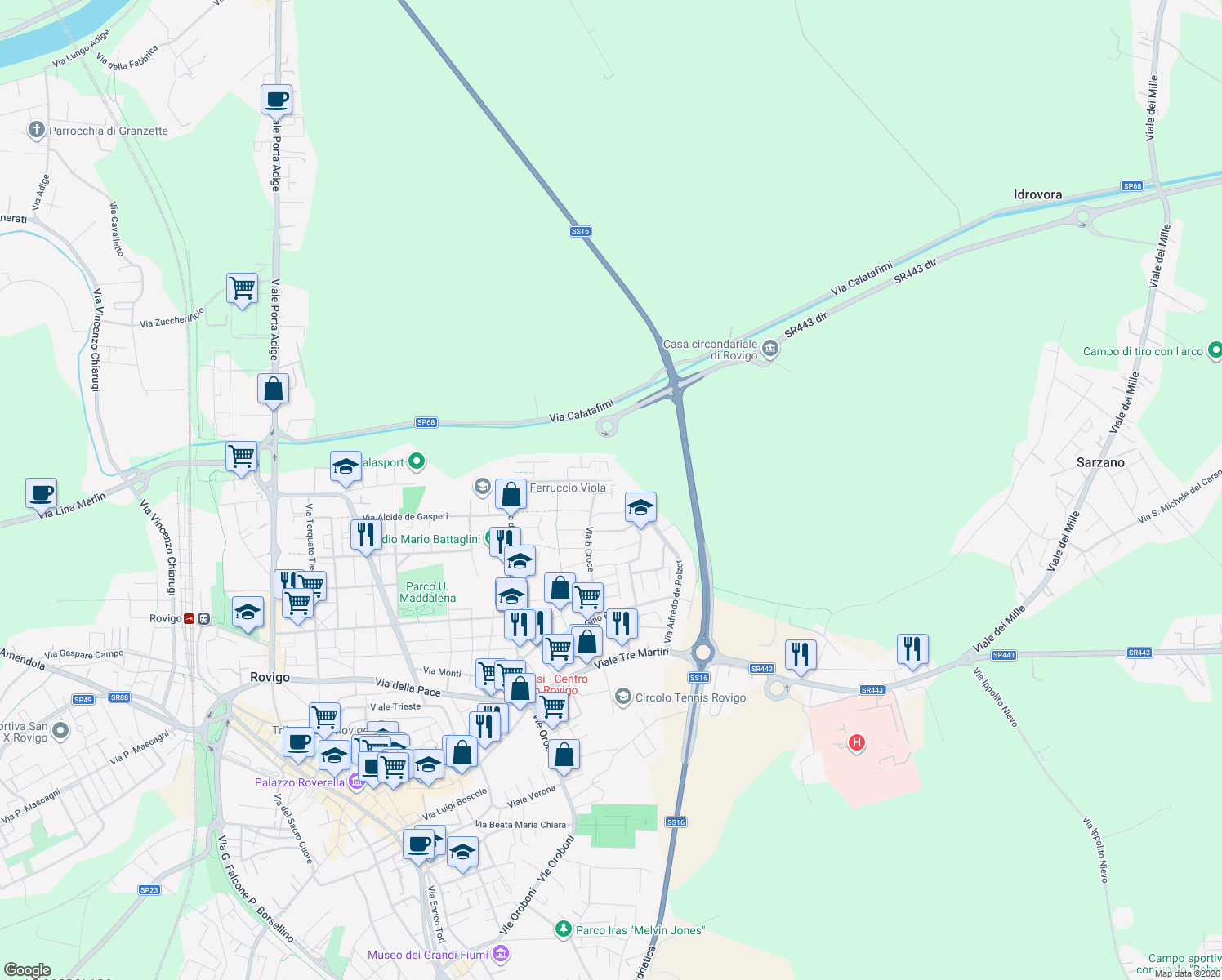 map of restaurants, bars, coffee shops, grocery stores, and more near 73 Via Mafalda di Savoia in Rovigo