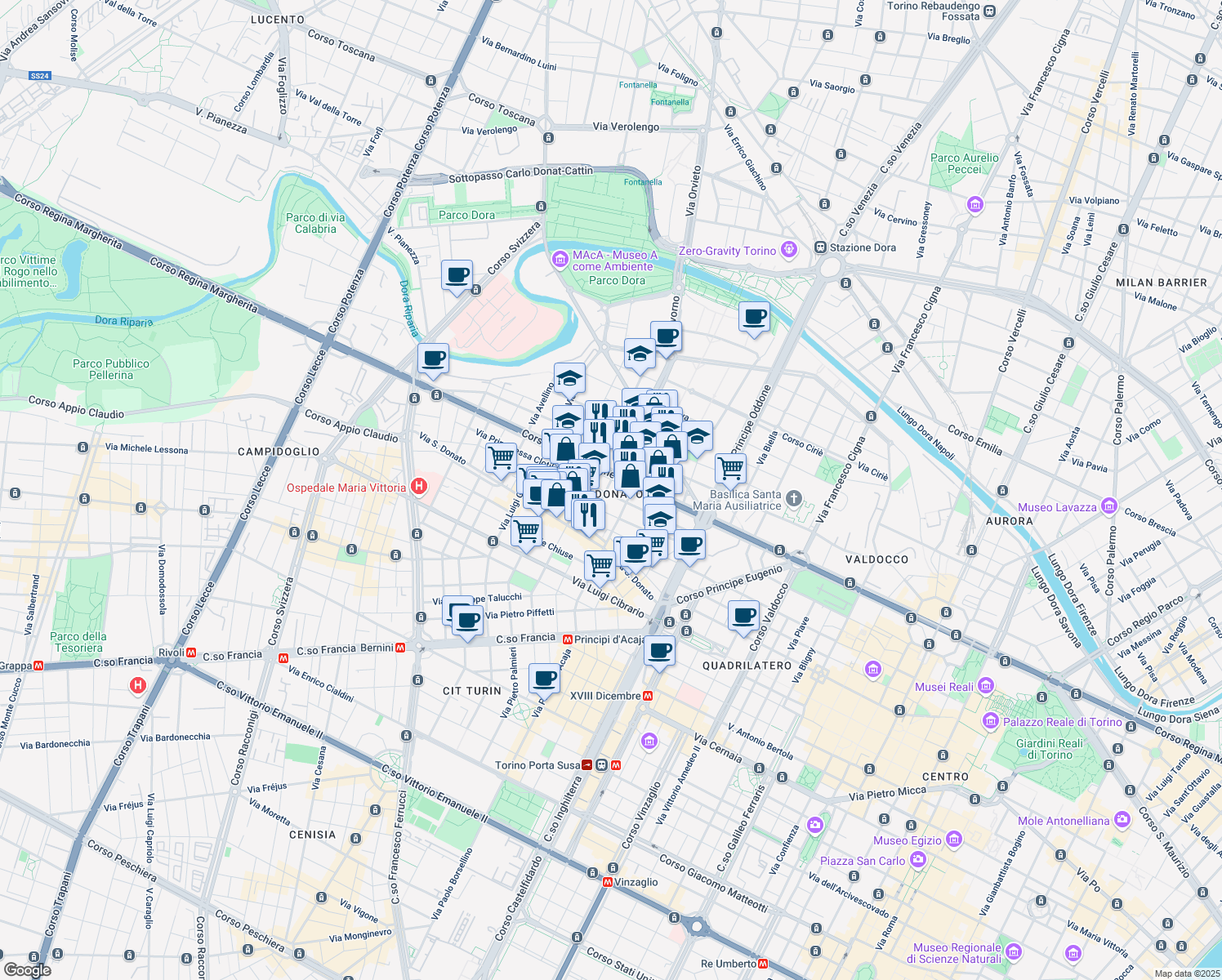 map of restaurants, bars, coffee shops, grocery stores, and more near None in Torino