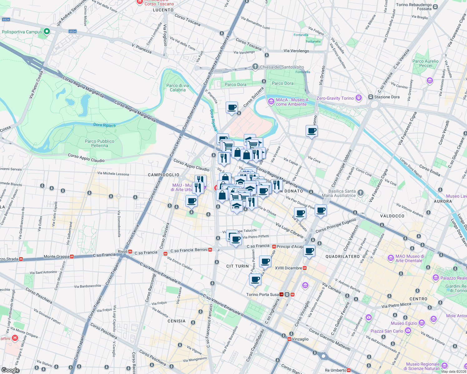 map of restaurants, bars, coffee shops, grocery stores, and more near 79-81 Via San Donato in Turin