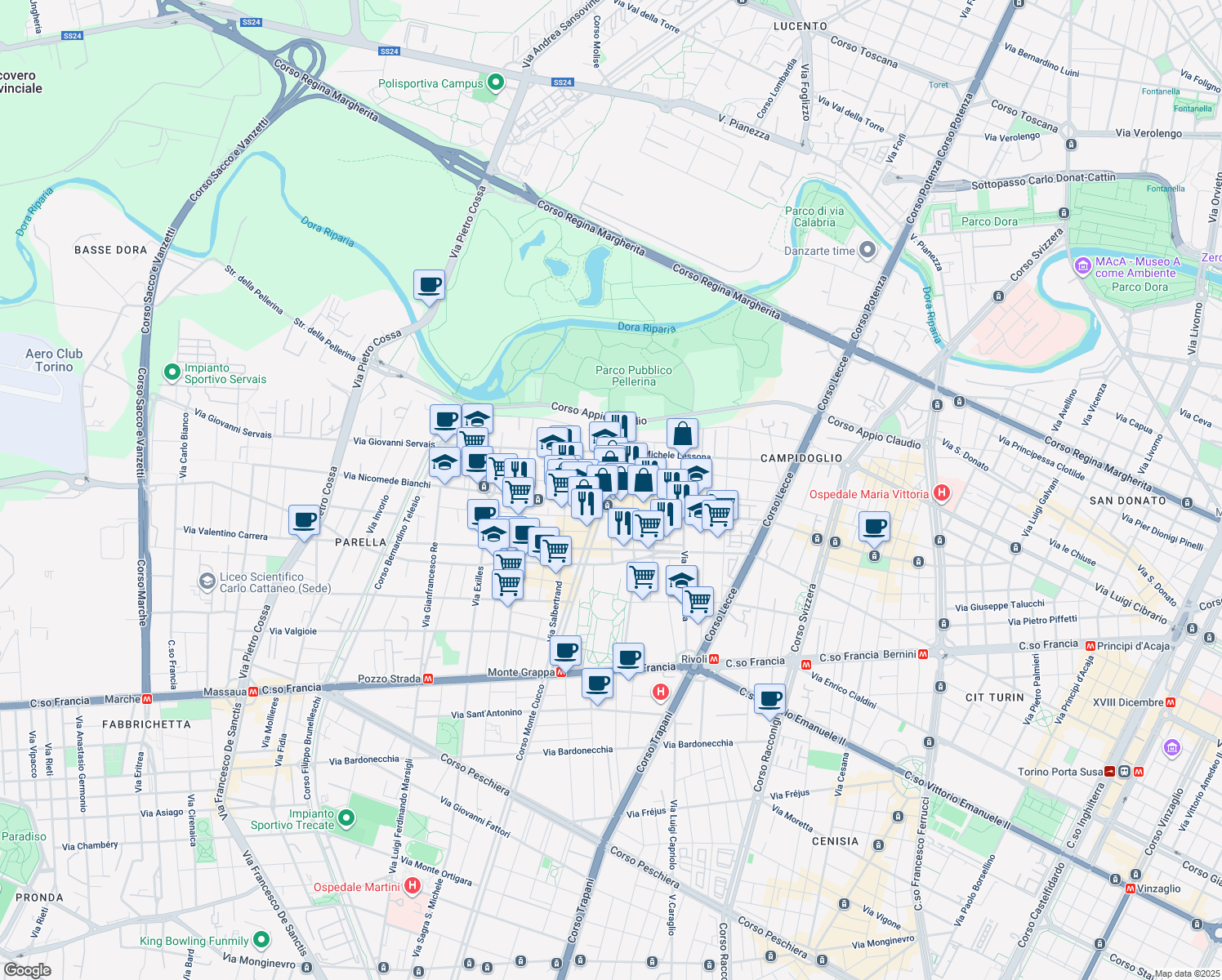 map of restaurants, bars, coffee shops, grocery stores, and more near 100 Corso Monte Grappa in Torino
