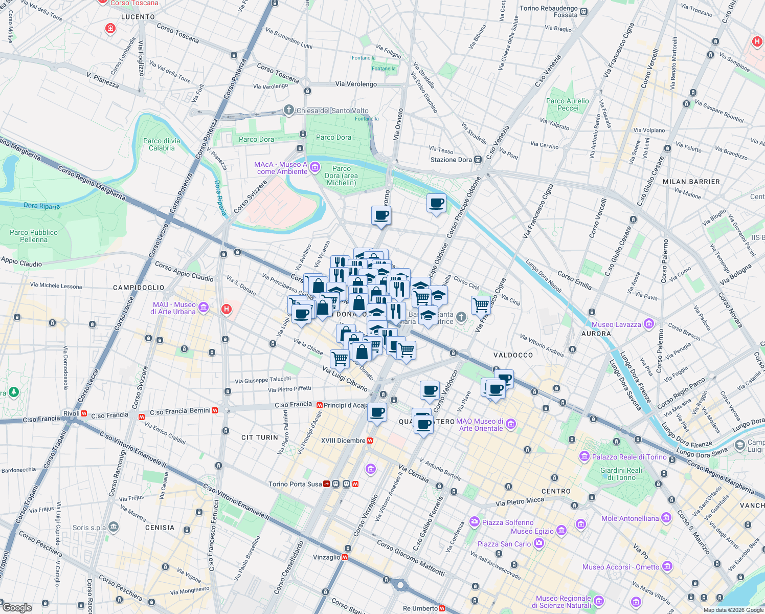 map of restaurants, bars, coffee shops, grocery stores, and more near 11 Via Don Bosco in Turin