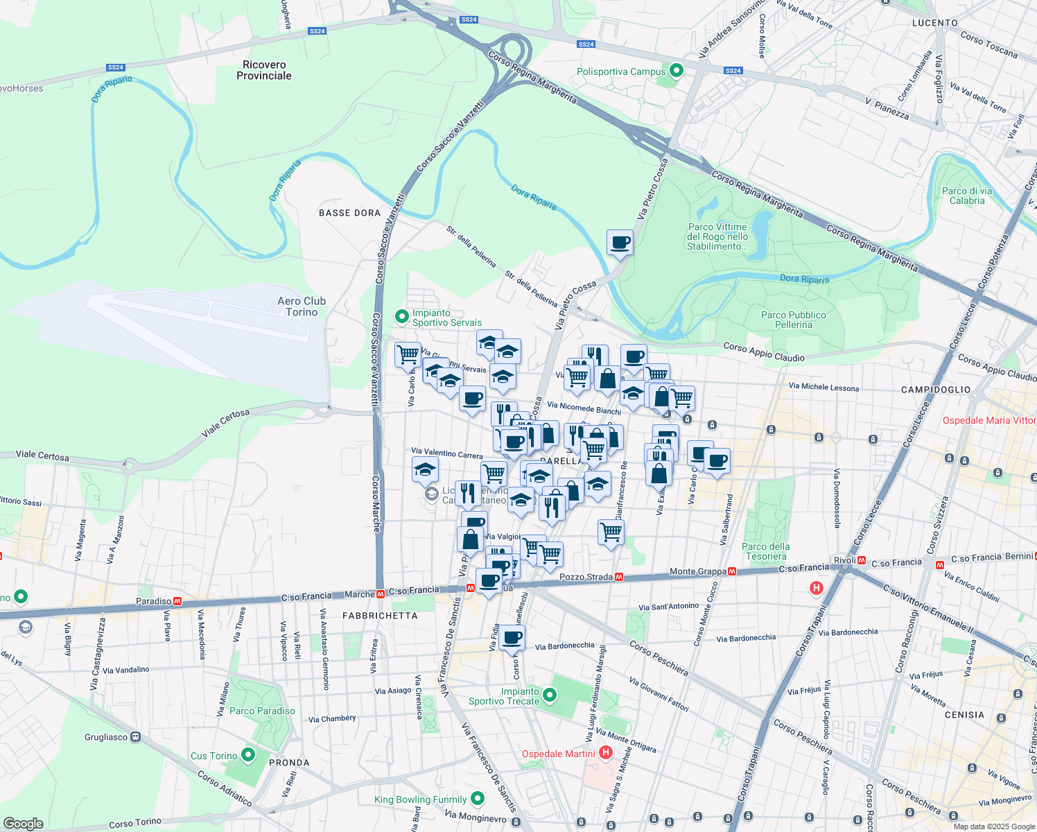 map of restaurants, bars, coffee shops, grocery stores, and more near 3-17 Via Pietro Cossa in Turin