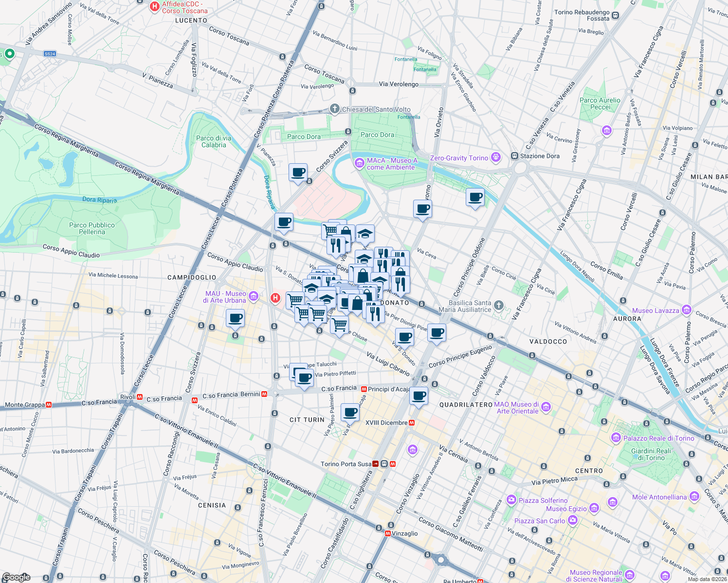 map of restaurants, bars, coffee shops, grocery stores, and more near 13 Via Domenico Capellina in Torino