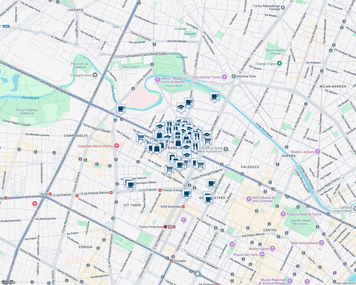 map of restaurants, bars, coffee shops, grocery stores, and more near 5 Via Bari in Torino