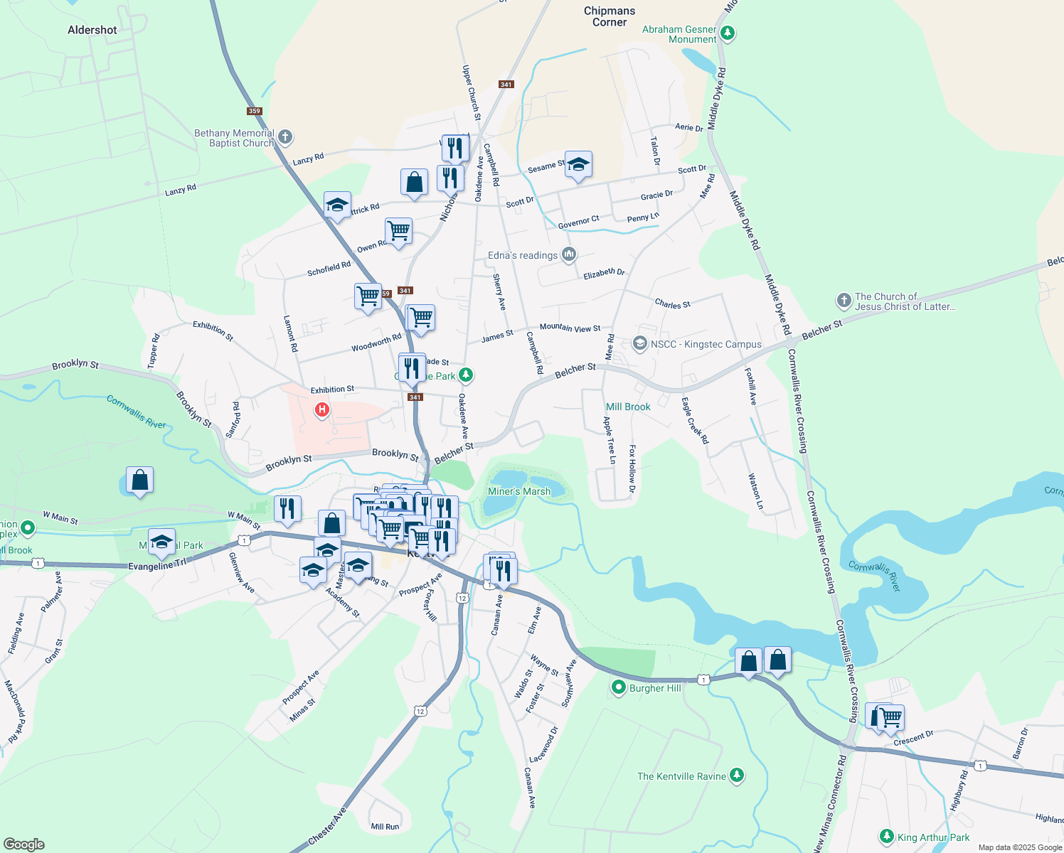 map of restaurants, bars, coffee shops, grocery stores, and more near 31 Pleasant Street in Kentville