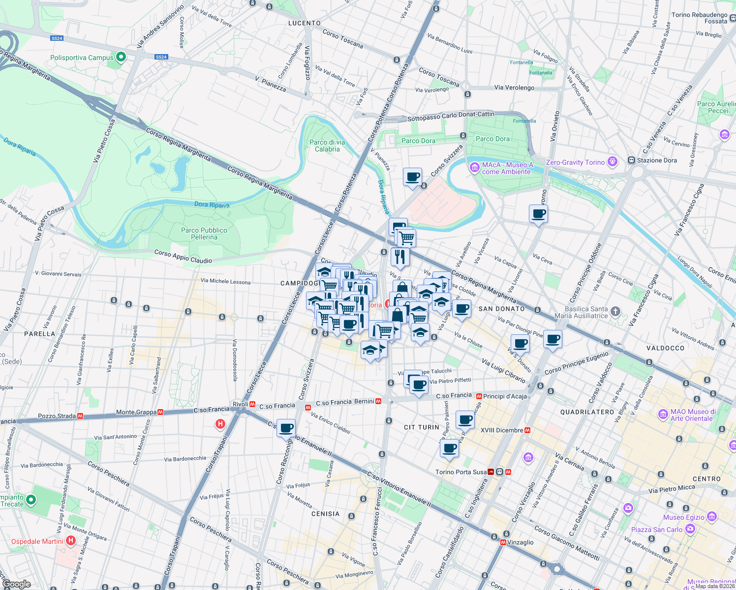 map of restaurants, bars, coffee shops, grocery stores, and more near 17 Via Rivara in Torino