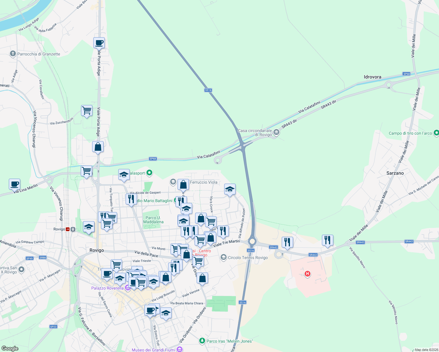 map of restaurants, bars, coffee shops, grocery stores, and more near 73 Via Mafalda di Savoia in Rovigo
