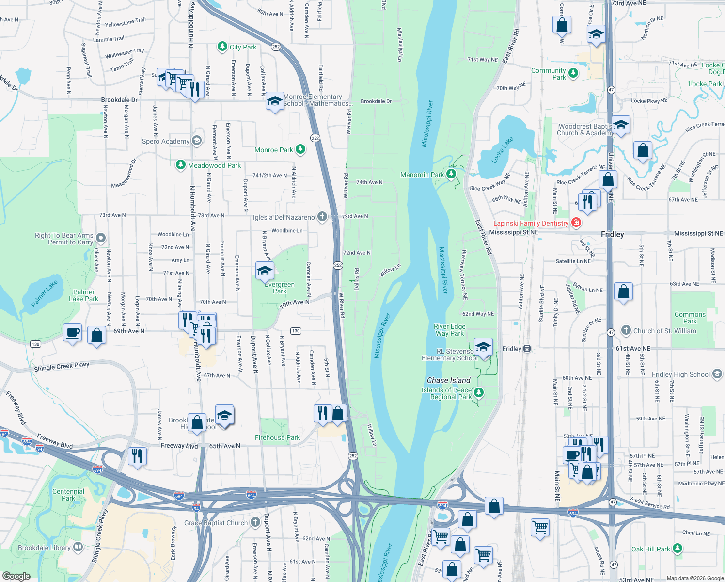 map of restaurants, bars, coffee shops, grocery stores, and more near 7012 Dallas Road in Minneapolis