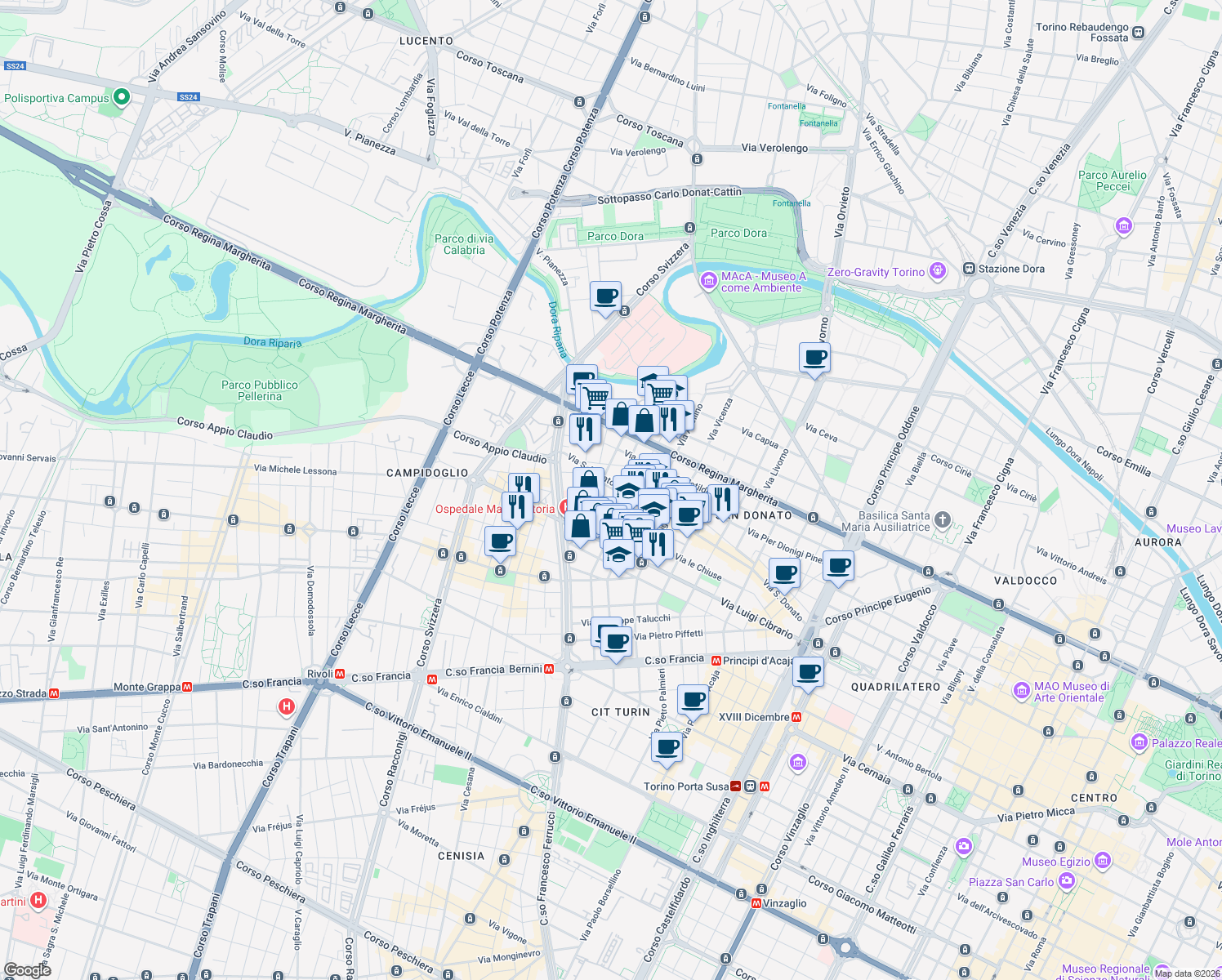 map of restaurants, bars, coffee shops, grocery stores, and more near 81 Via San Donato in Torino