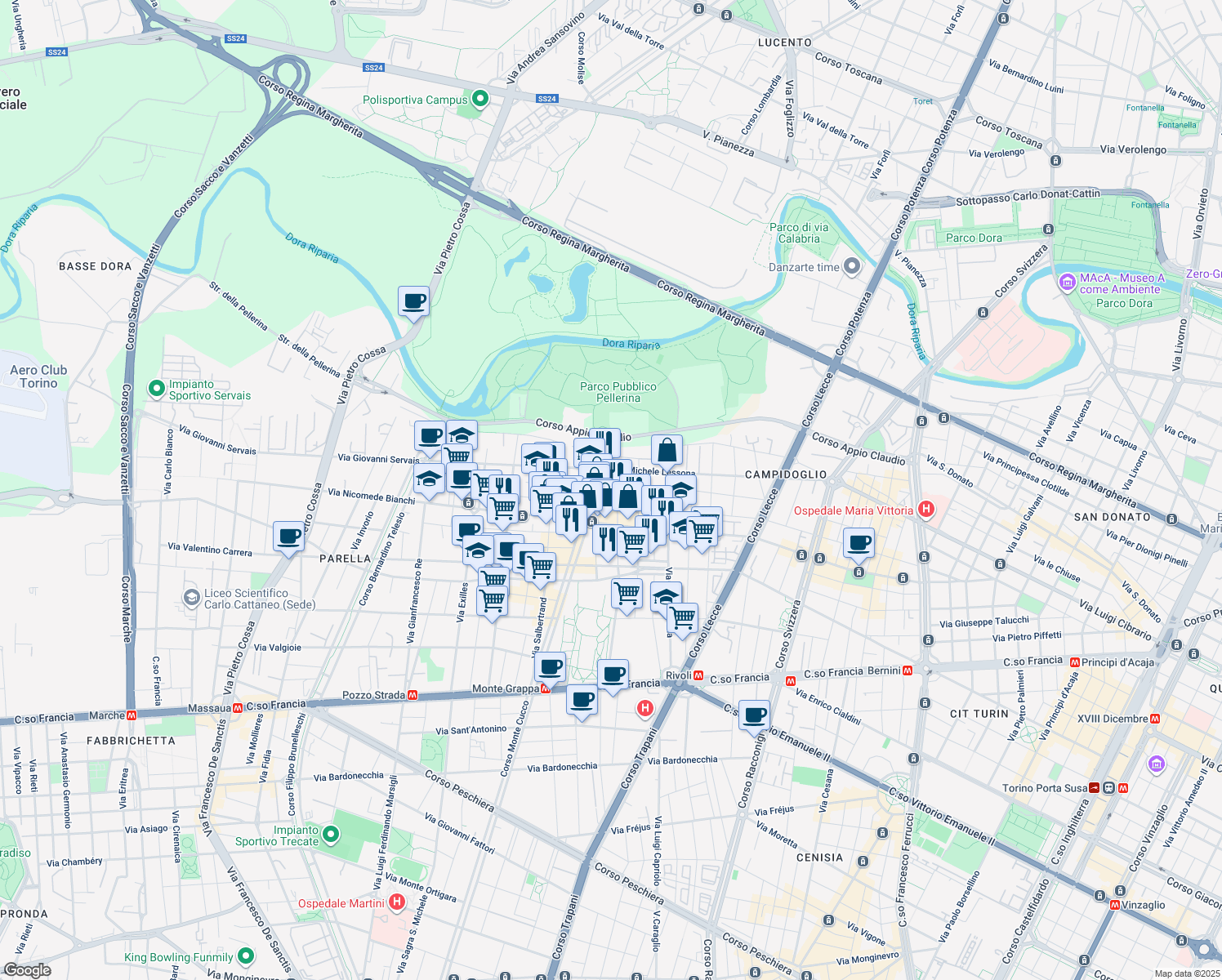 map of restaurants, bars, coffee shops, grocery stores, and more near 100 Corso Monte Grappa in Turin